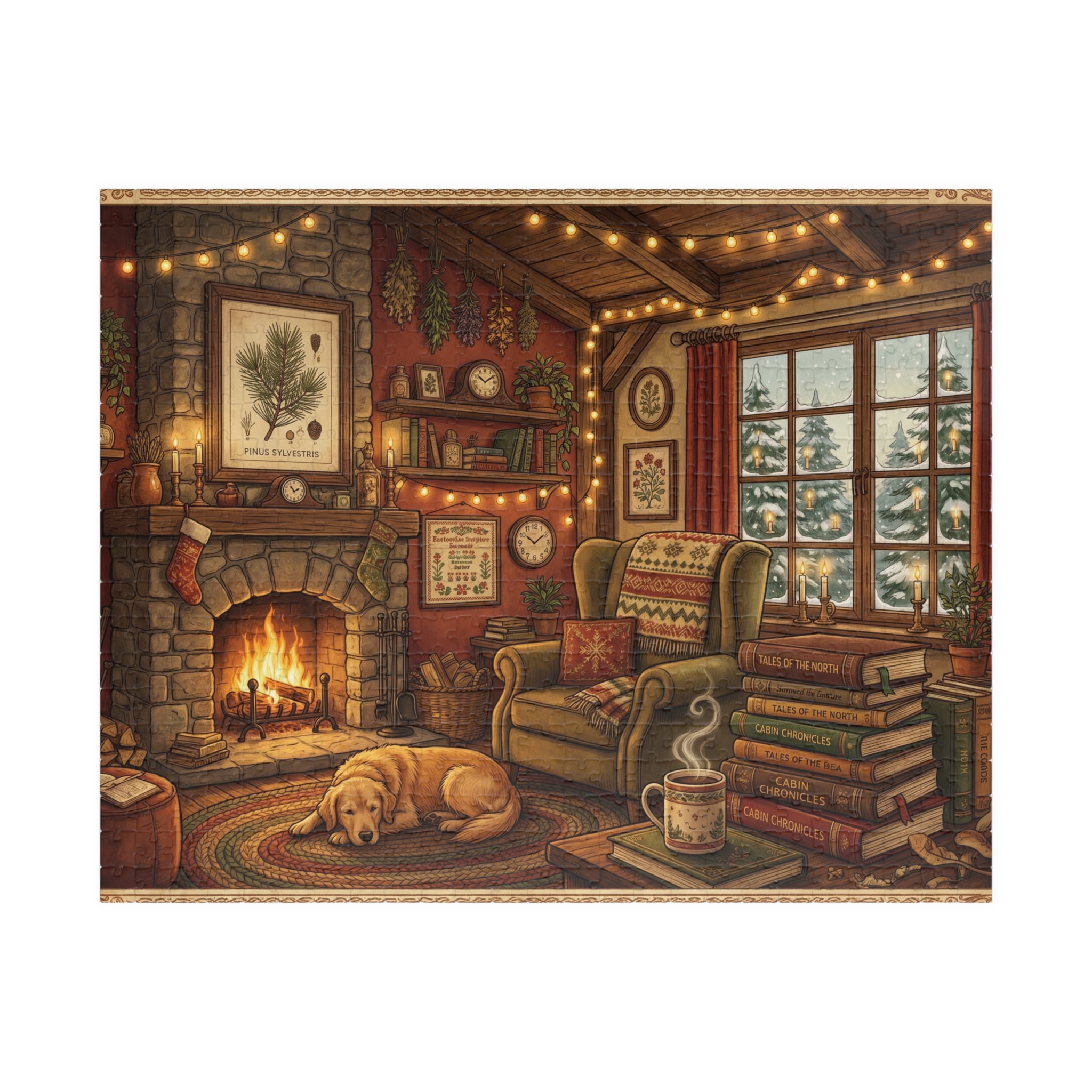 Cozy Cabin Reading Nook Jigsaw Puzzle | Winter Fireplace Book Lover Art | 110-1014 Piece