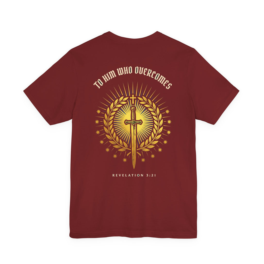 To Him Who Overcomes Christian Tee | Revelation 3:21 Faith Warrior Bible Shirt