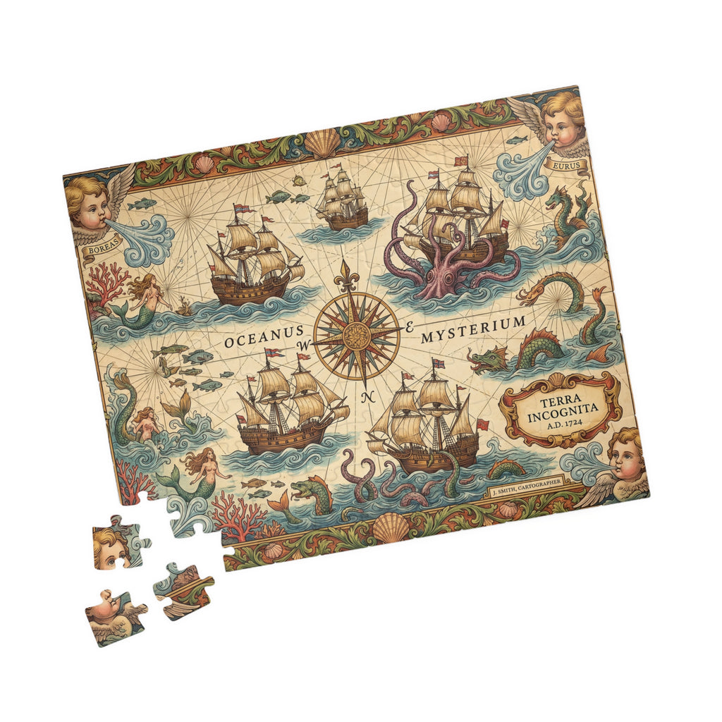 Old World Nautical Map Jigsaw Puzzle | Vintage Sea Monster Pirate Map Art | 110-1014 Piece