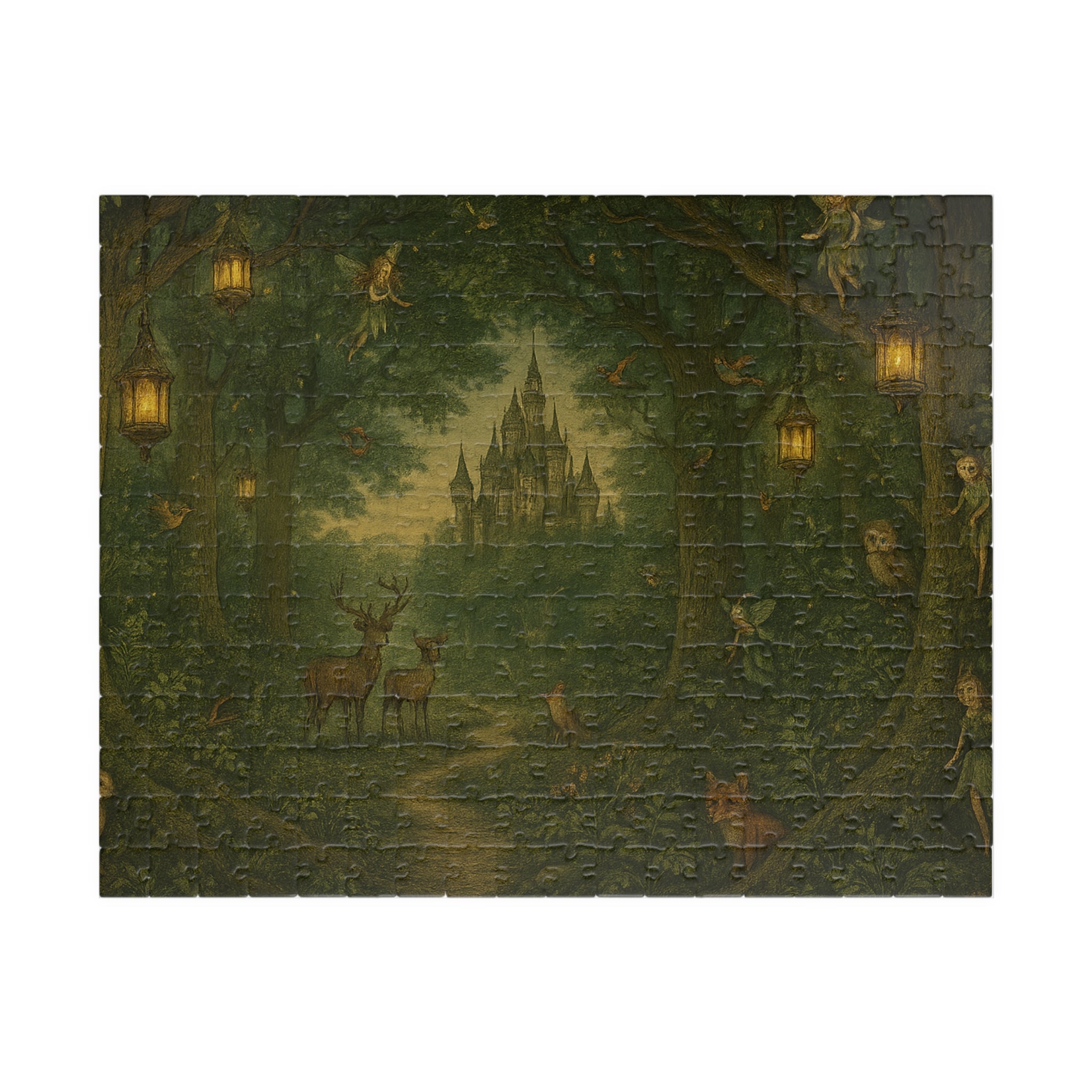 Forest Panorama Jigsaw Puzzle - Enchanted Scene with Lanterns & Castle