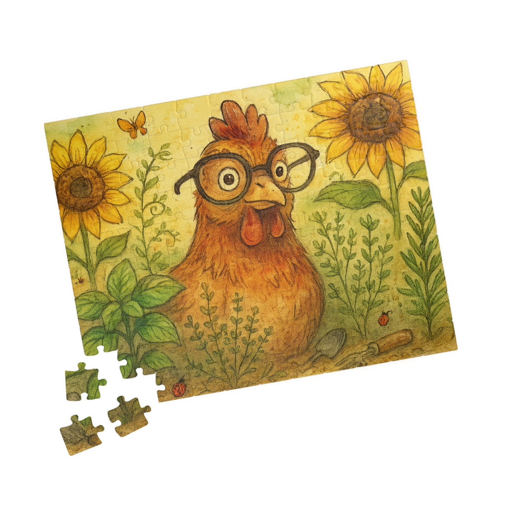 Retro Chicken Jigsaw Puzzle - Vintage Gardener Design with Sunflowers
