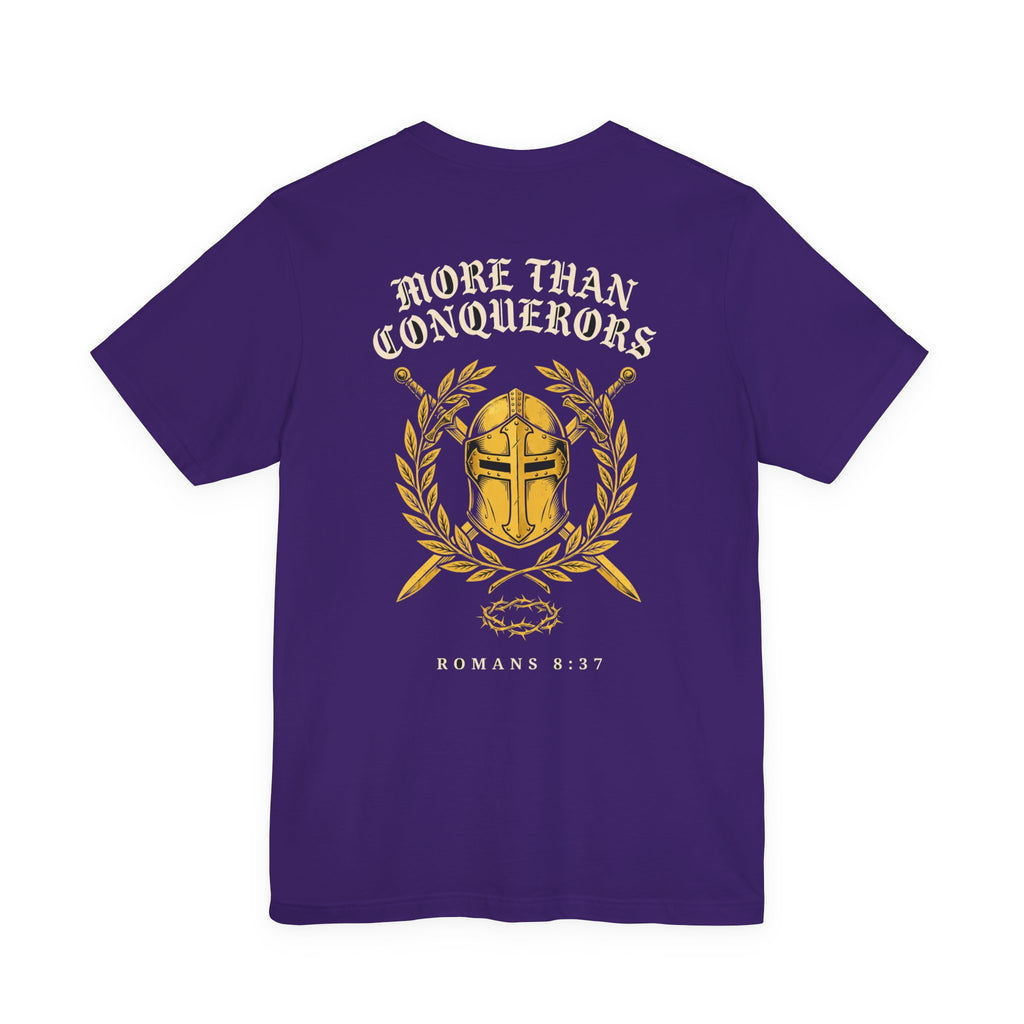 More Than Conquerors Through Him Who Loved Us Christian Tee | Warrior Faith Bible Shirt