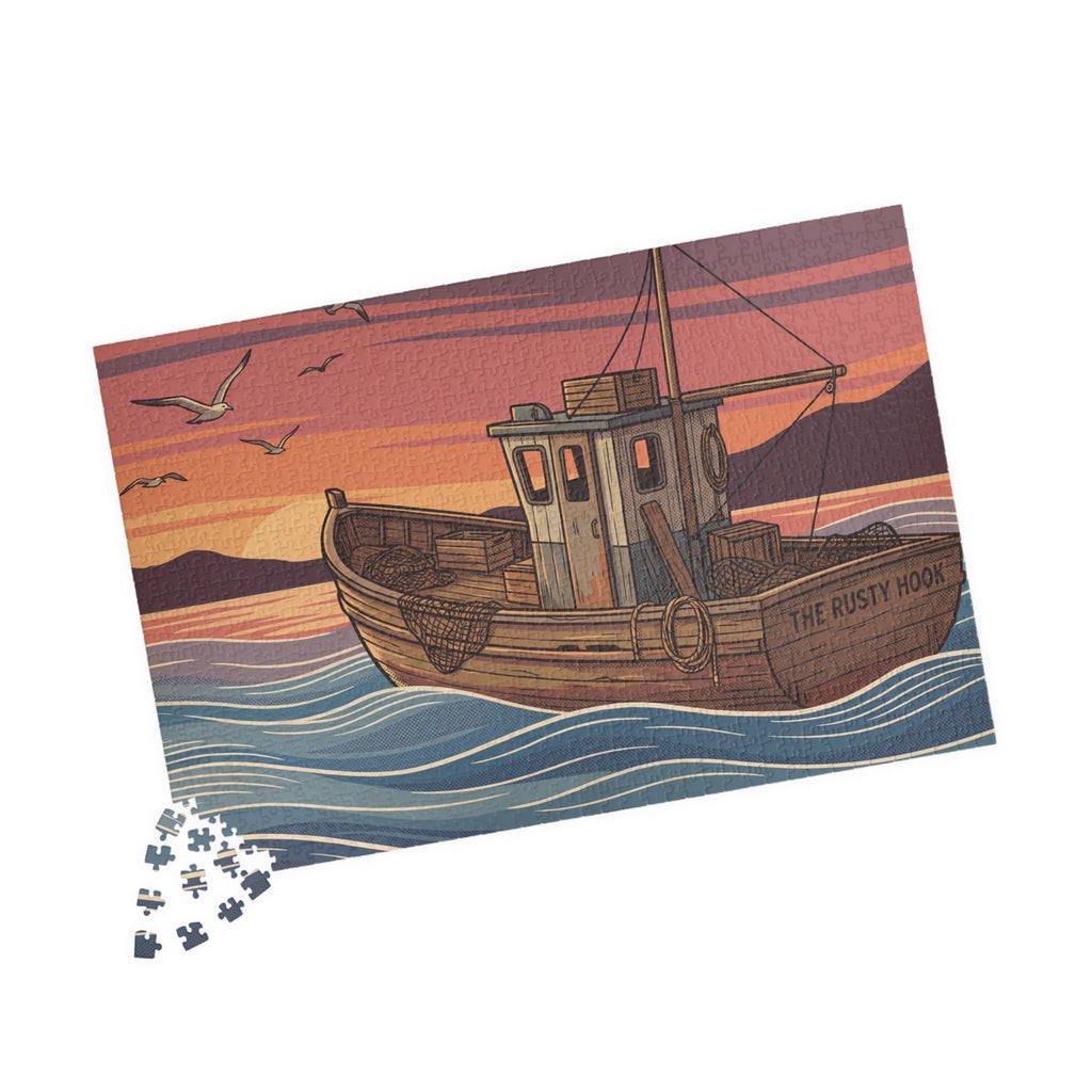 Fishing Boat Jigsaw Puzzle - Retro Sunset Scene, 'Casting Memories'