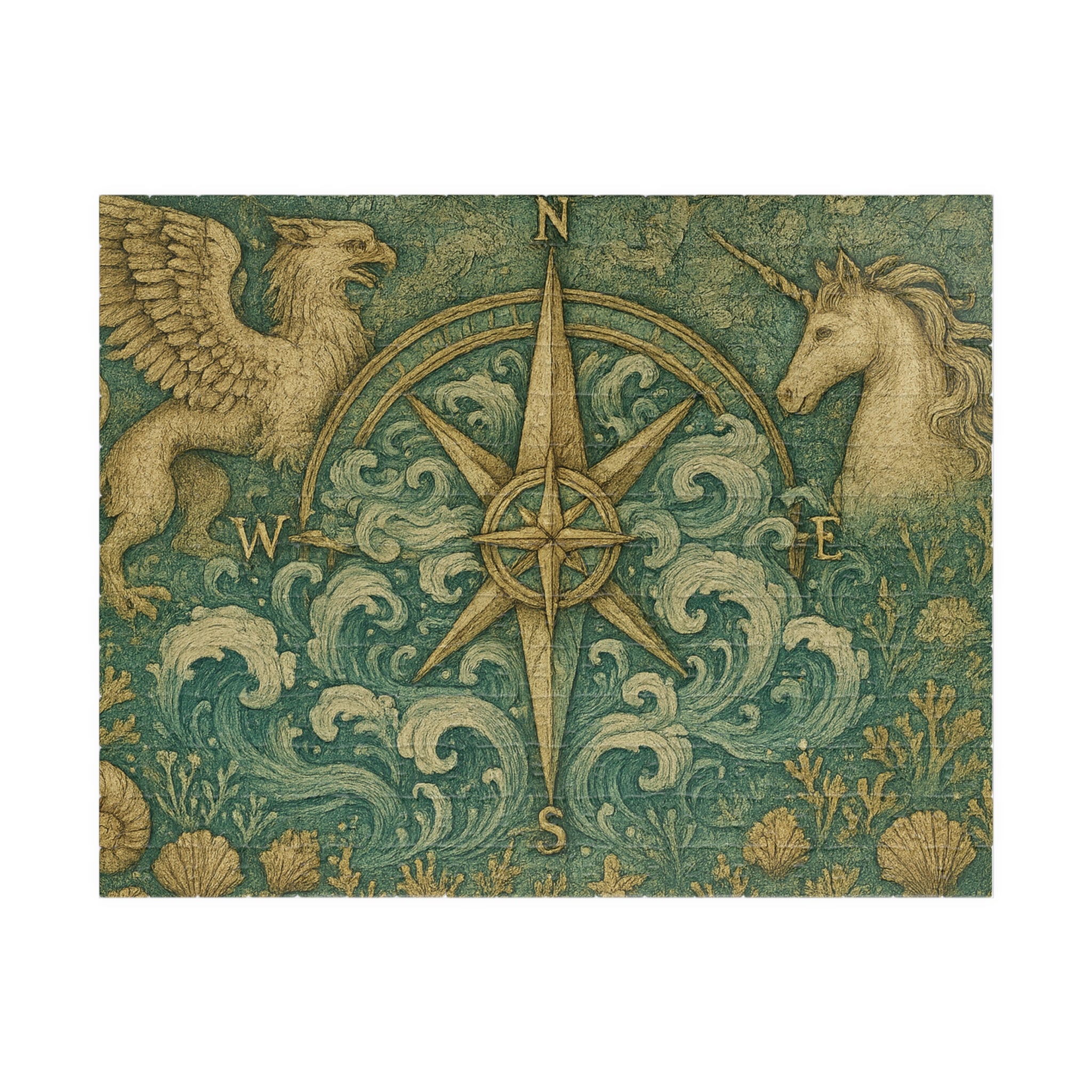 Old-World Compass Jigsaw Puzzle with Mythical Creatures