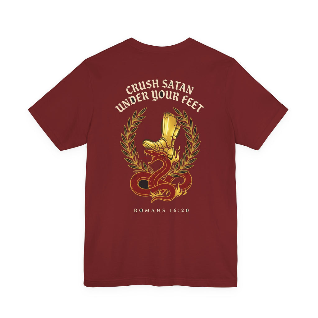 The God of Peace Will Crush Satan Under Your Feet Christian Tee | Warrior Faith Bible