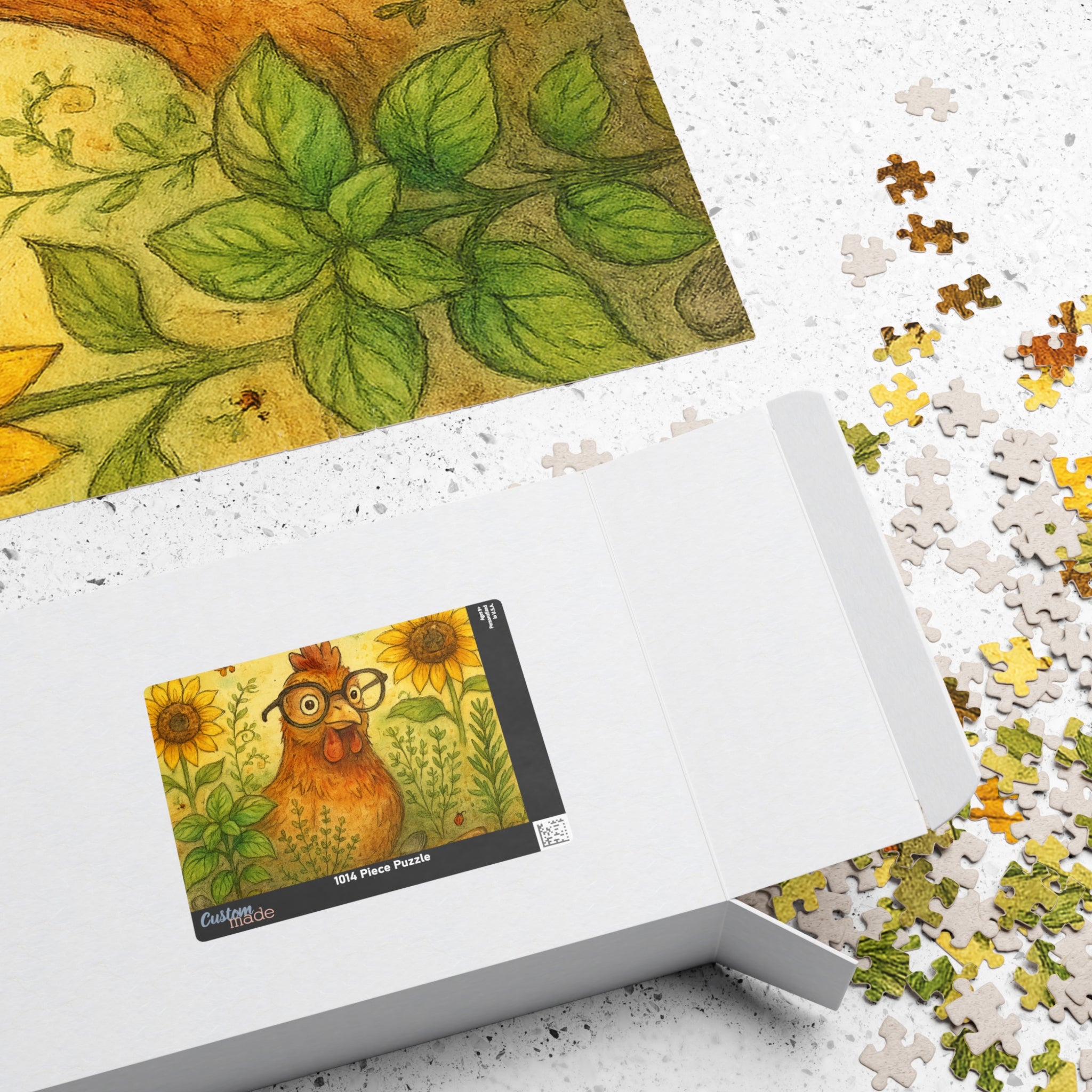 Retro Chicken Jigsaw Puzzle - Vintage Gardener Design with Sunflowers