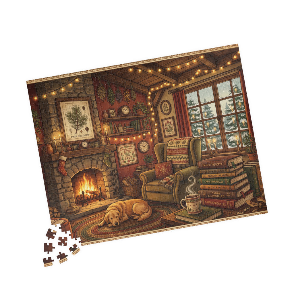 Cozy Cabin Reading Nook Jigsaw Puzzle | Winter Fireplace Book Lover Art | 110-1014 Piece