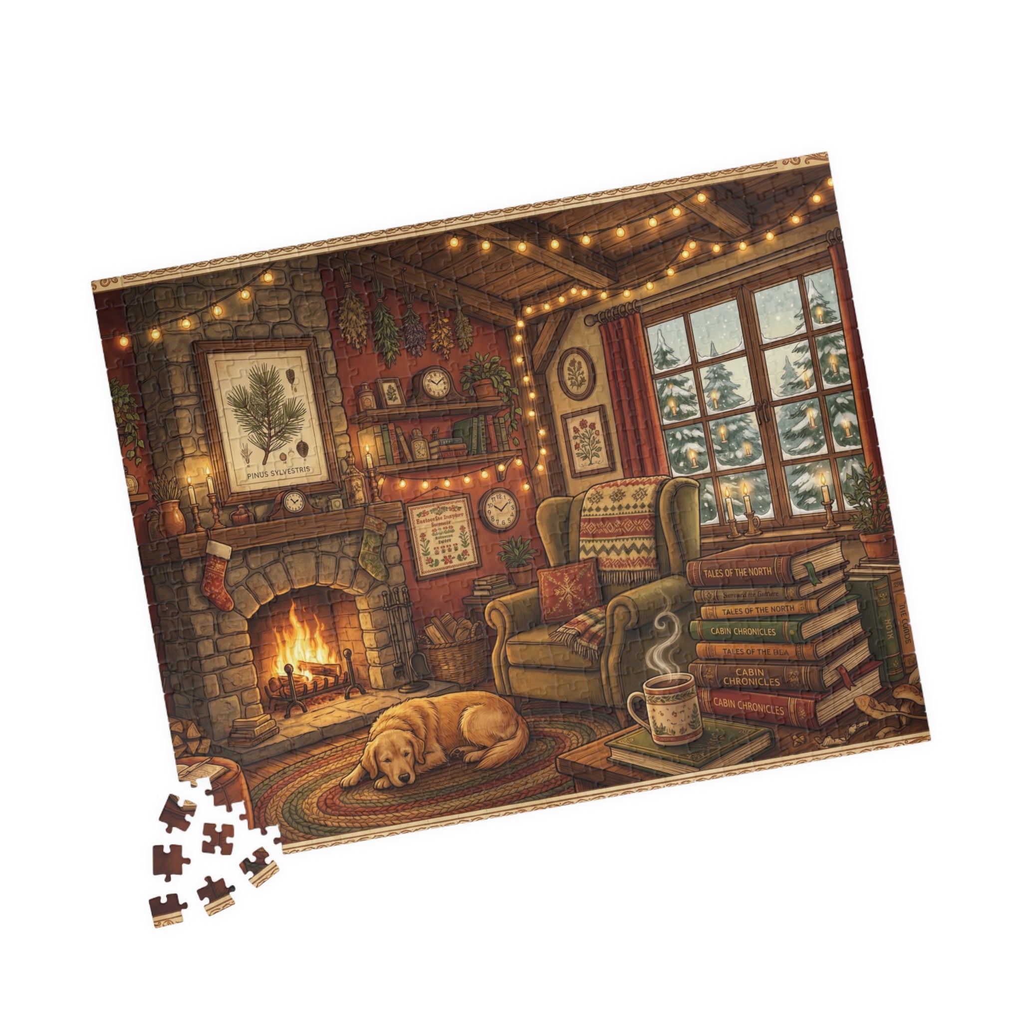 Cozy Cabin Reading Nook Jigsaw Puzzle | Winter Fireplace Book Lover Art | 110-1014 Piece
