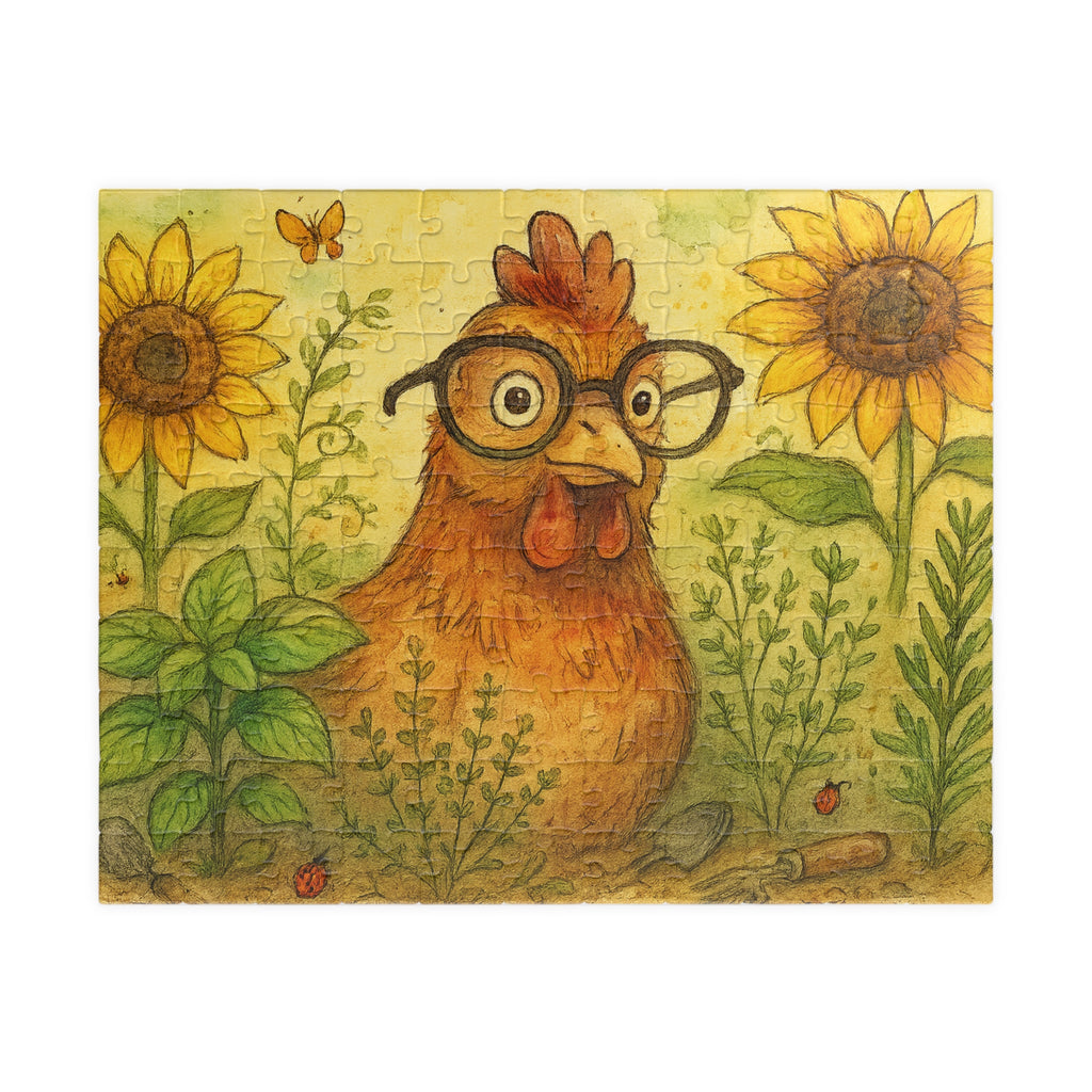 Retro Chicken Jigsaw Puzzle - Vintage Gardener Design with Sunflowers
