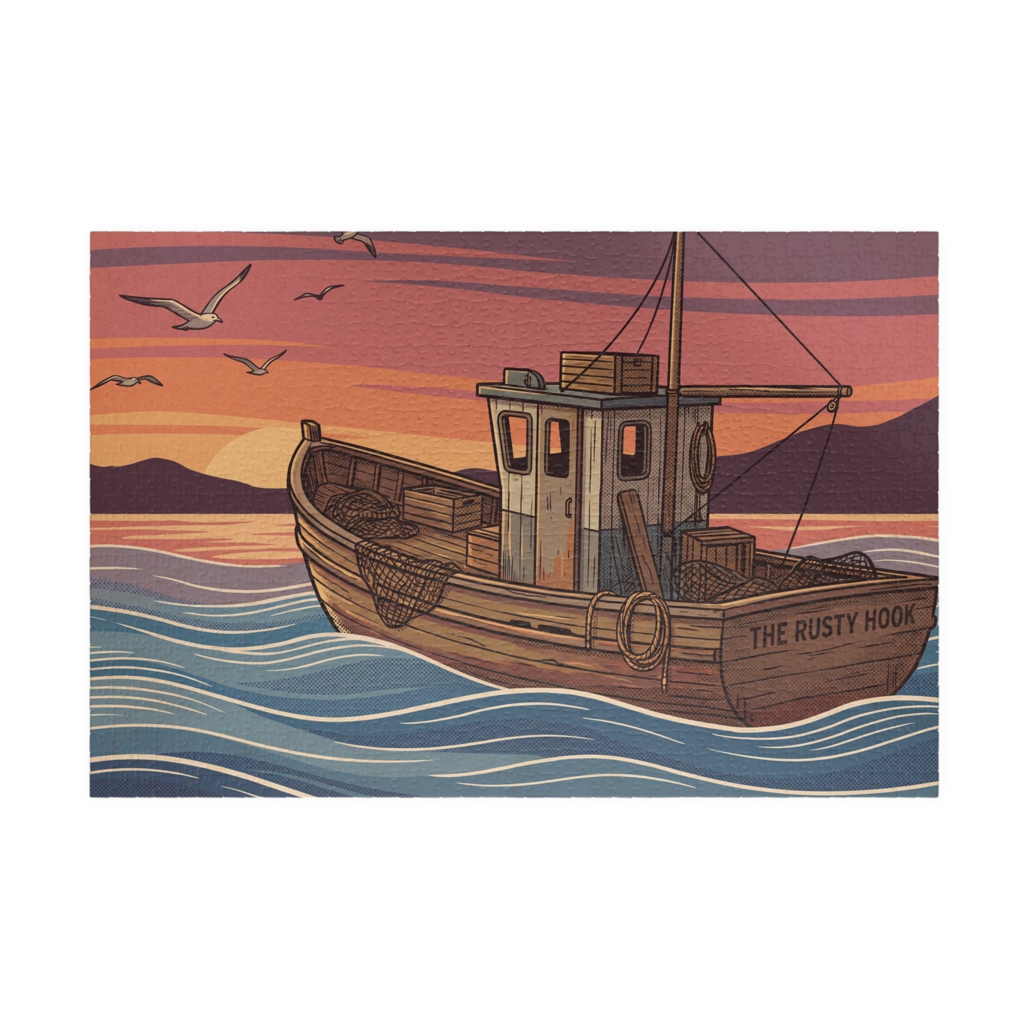 Fishing Boat Jigsaw Puzzle - Retro Sunset Scene, 'Casting Memories'