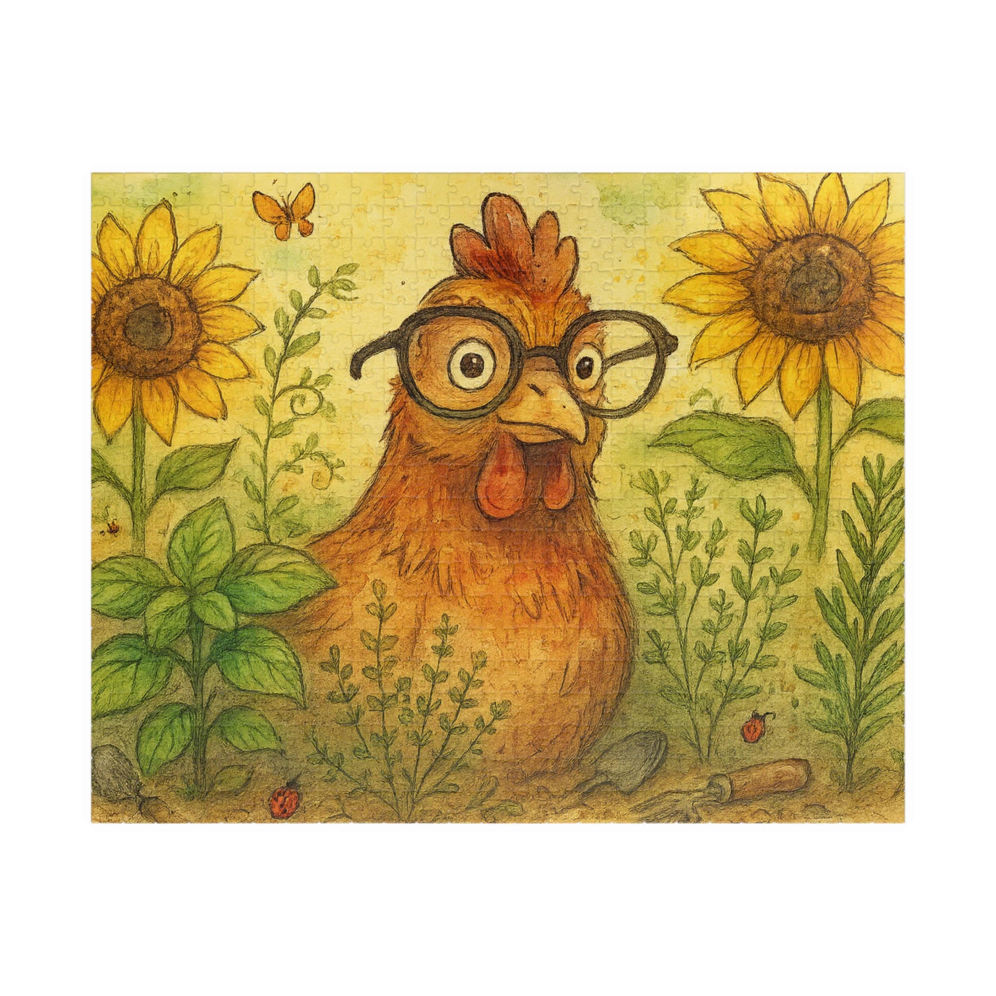 Retro Chicken Jigsaw Puzzle - Vintage Gardener Design with Sunflowers