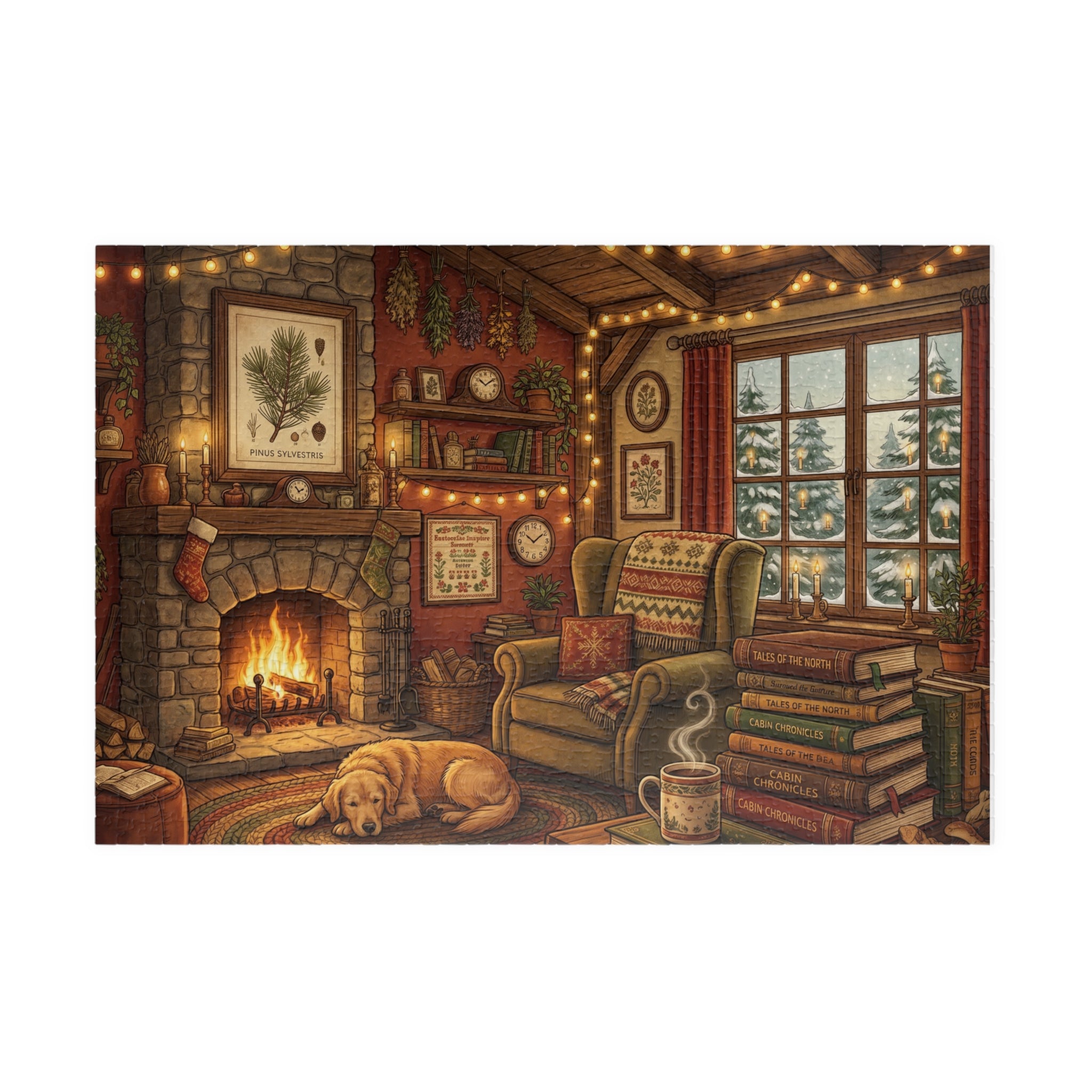 Cozy Cabin Reading Nook Jigsaw Puzzle | Winter Fireplace Book Lover Art | 110-1014 Piece