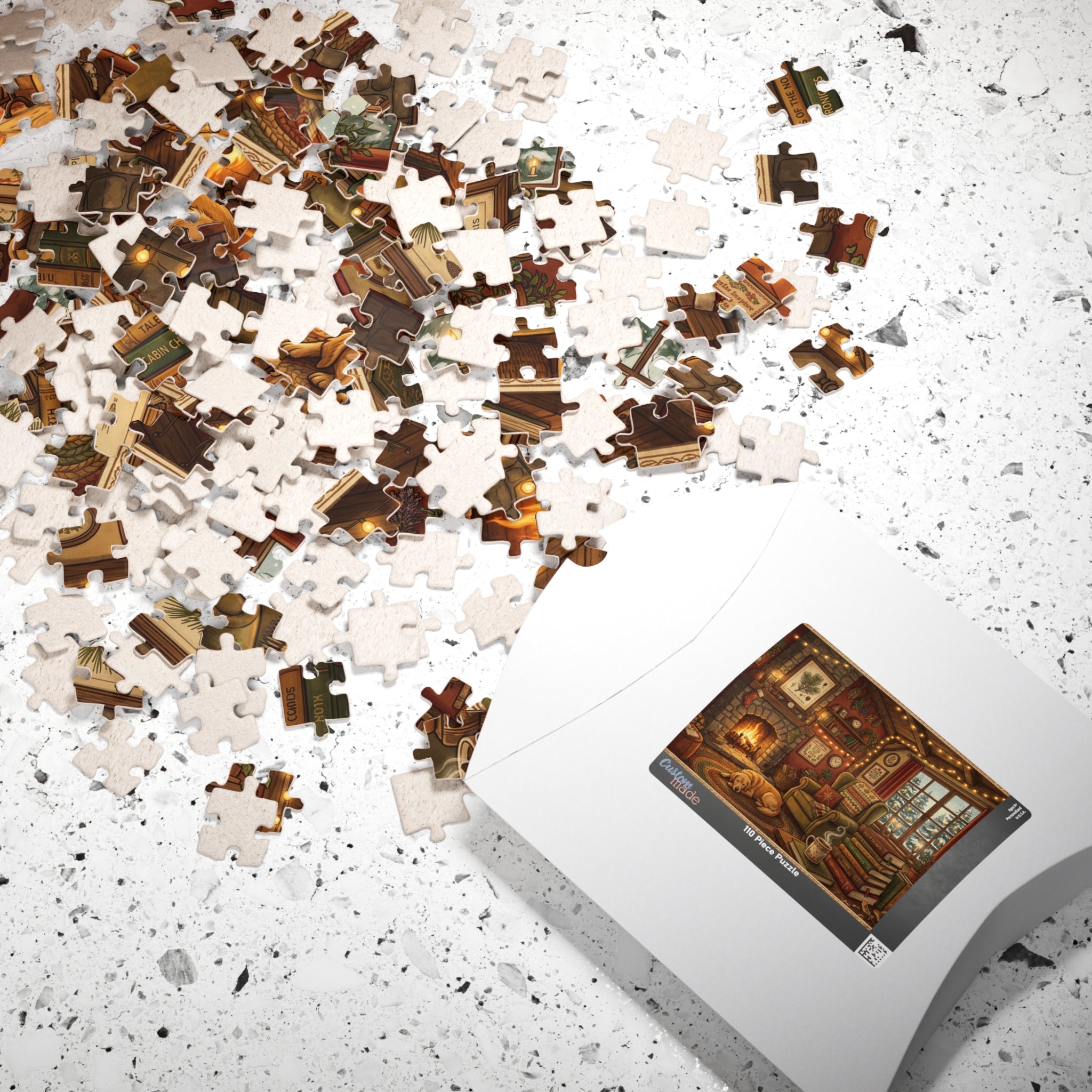 Cozy Cabin Reading Nook Jigsaw Puzzle | Winter Fireplace Book Lover Art | 110-1014 Piece