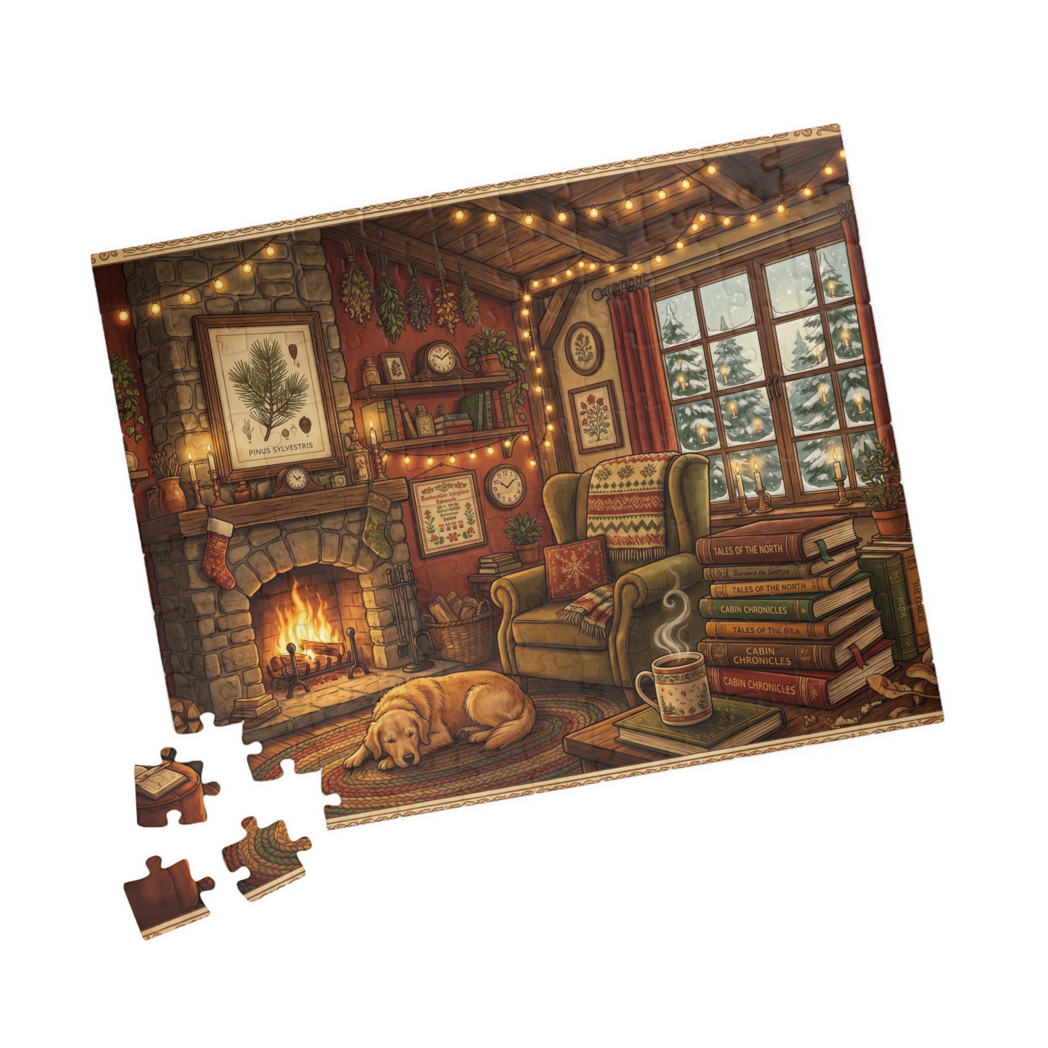 Cozy Cabin Reading Nook Jigsaw Puzzle | Winter Fireplace Book Lover Art | 110-1014 Piece