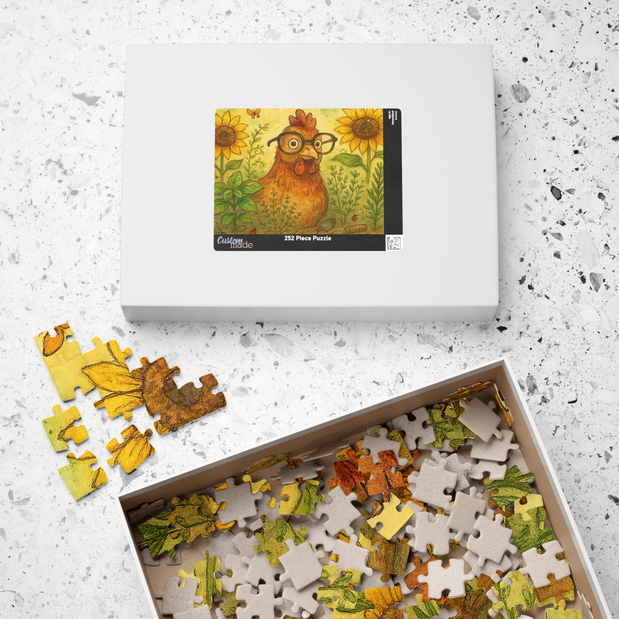 Retro Chicken Jigsaw Puzzle - Vintage Gardener Design with Sunflowers