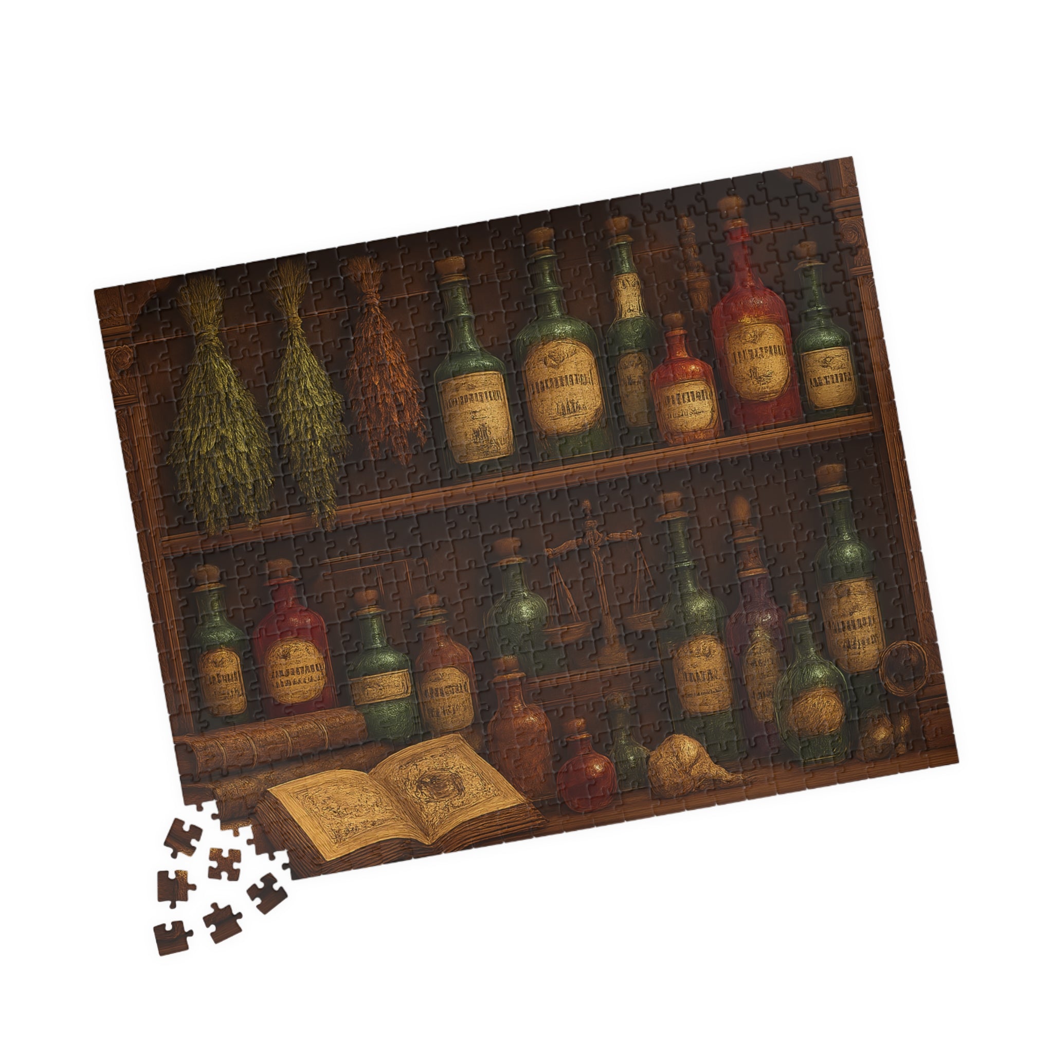 Alchemy of Curiosities Jigsaw Puzzle - Vintage Apothecary Shelf Design