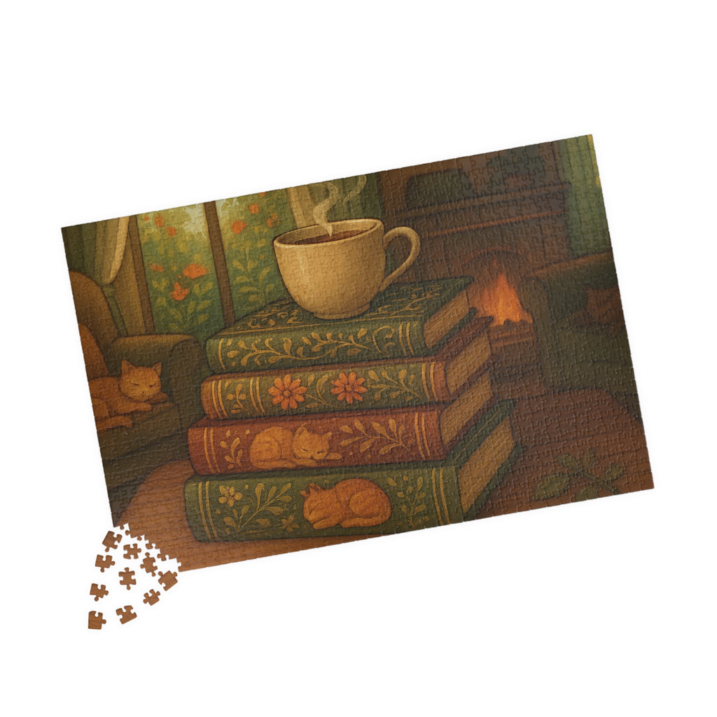 Cozy Stacked Books Jigsaw Puzzle - Elegant Library Scene