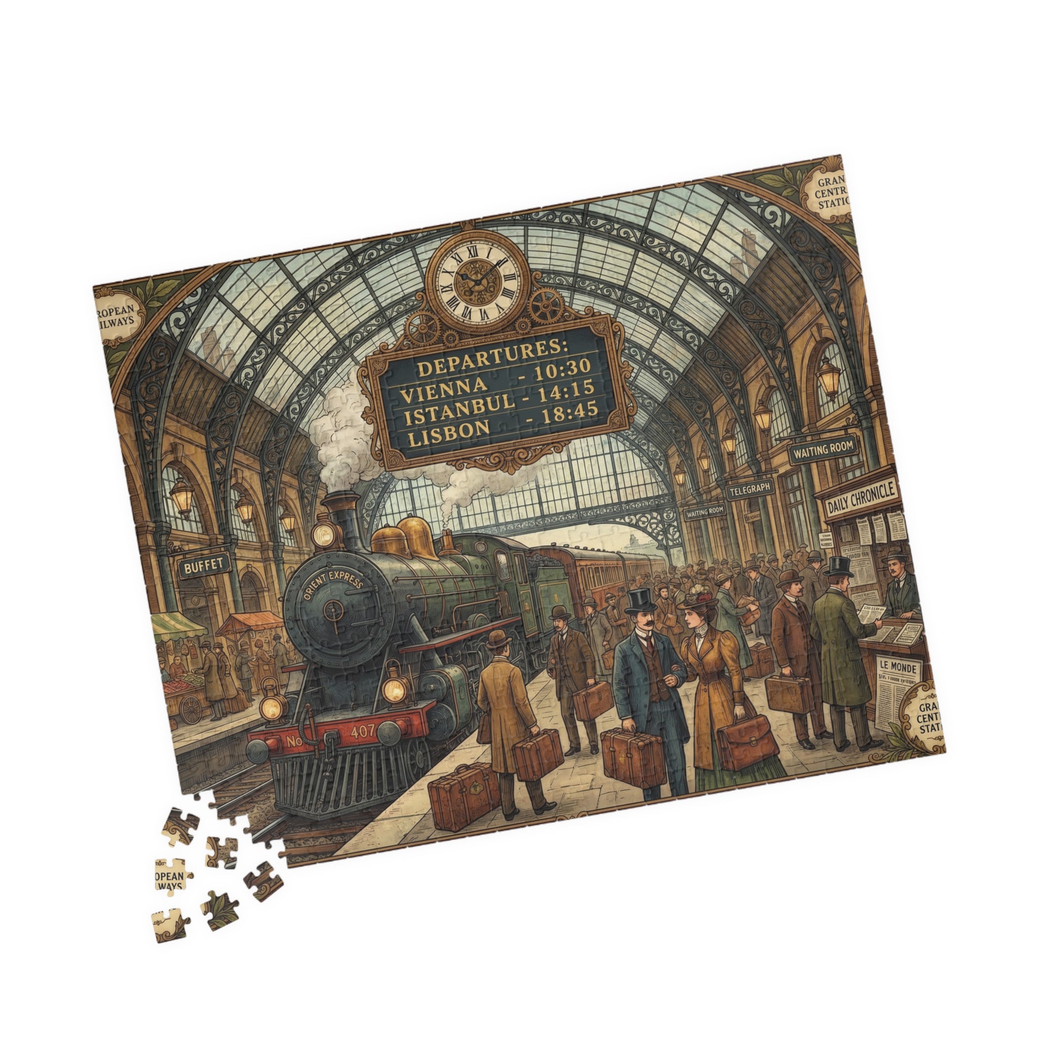 Vintage European Train Station Jigsaw Puzzle | Steam Engine Travel Art | 110-1014 Piece