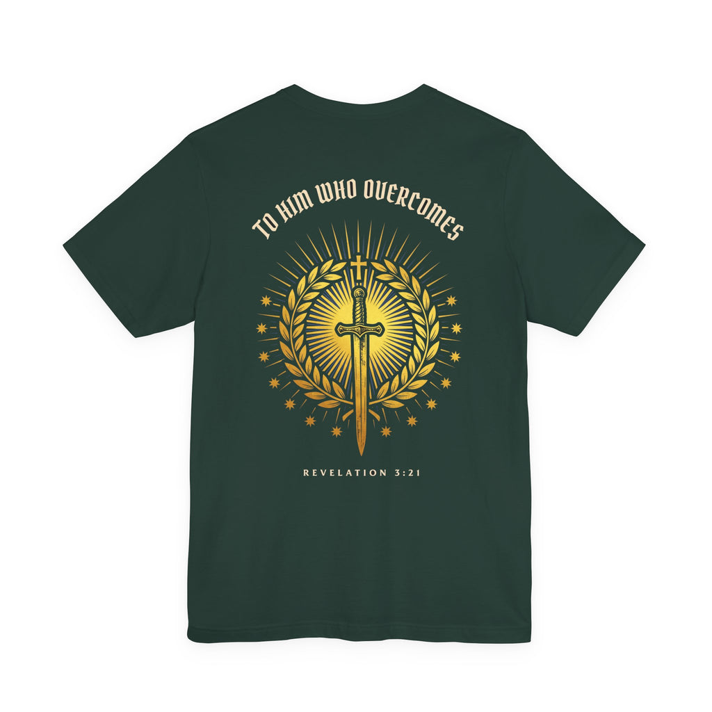 To Him Who Overcomes Christian Tee | Revelation 3:21 Faith Warrior Bible Shirt