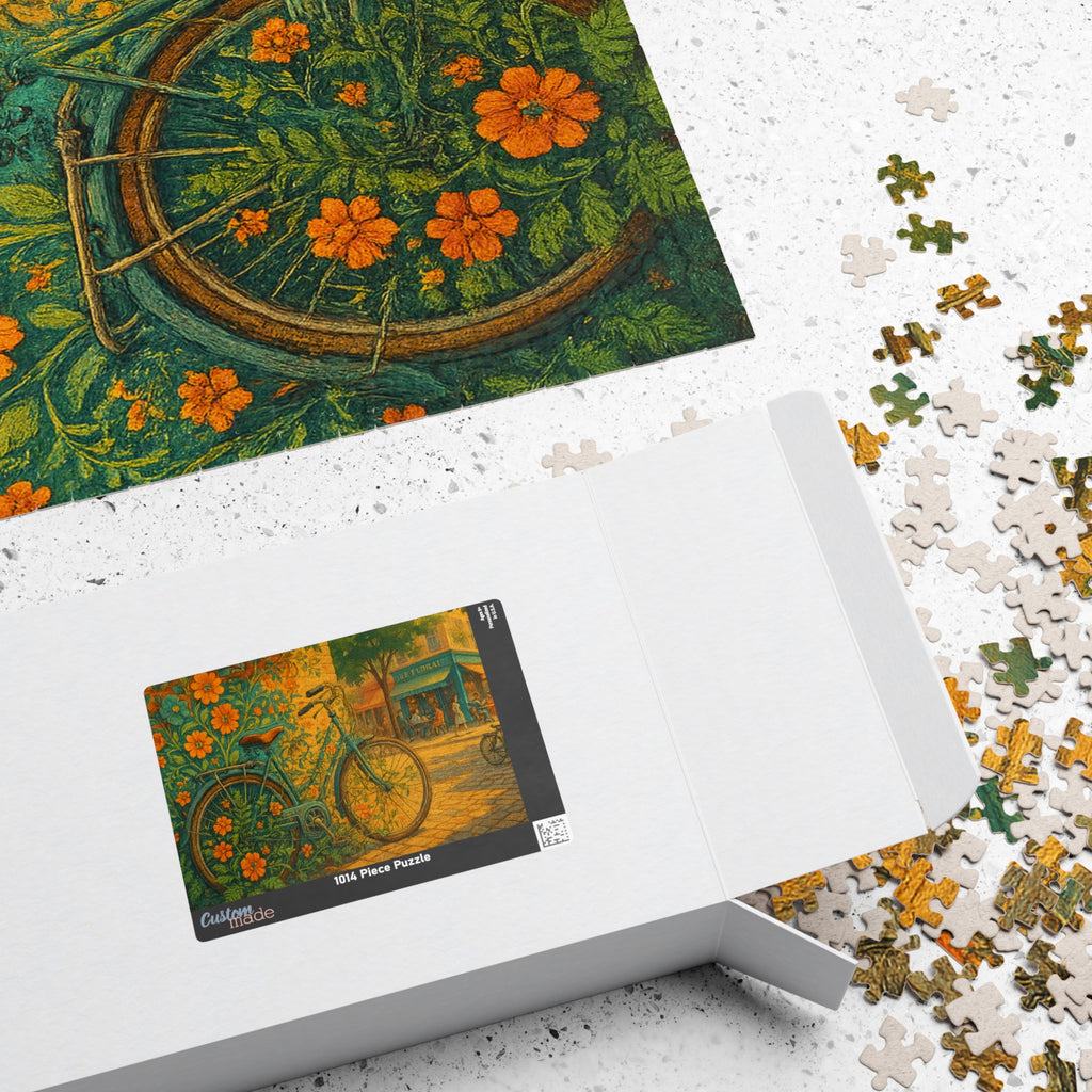 Floral Bicycle Jigsaw Puzzle, Urban Cycling Scene, Retro Design