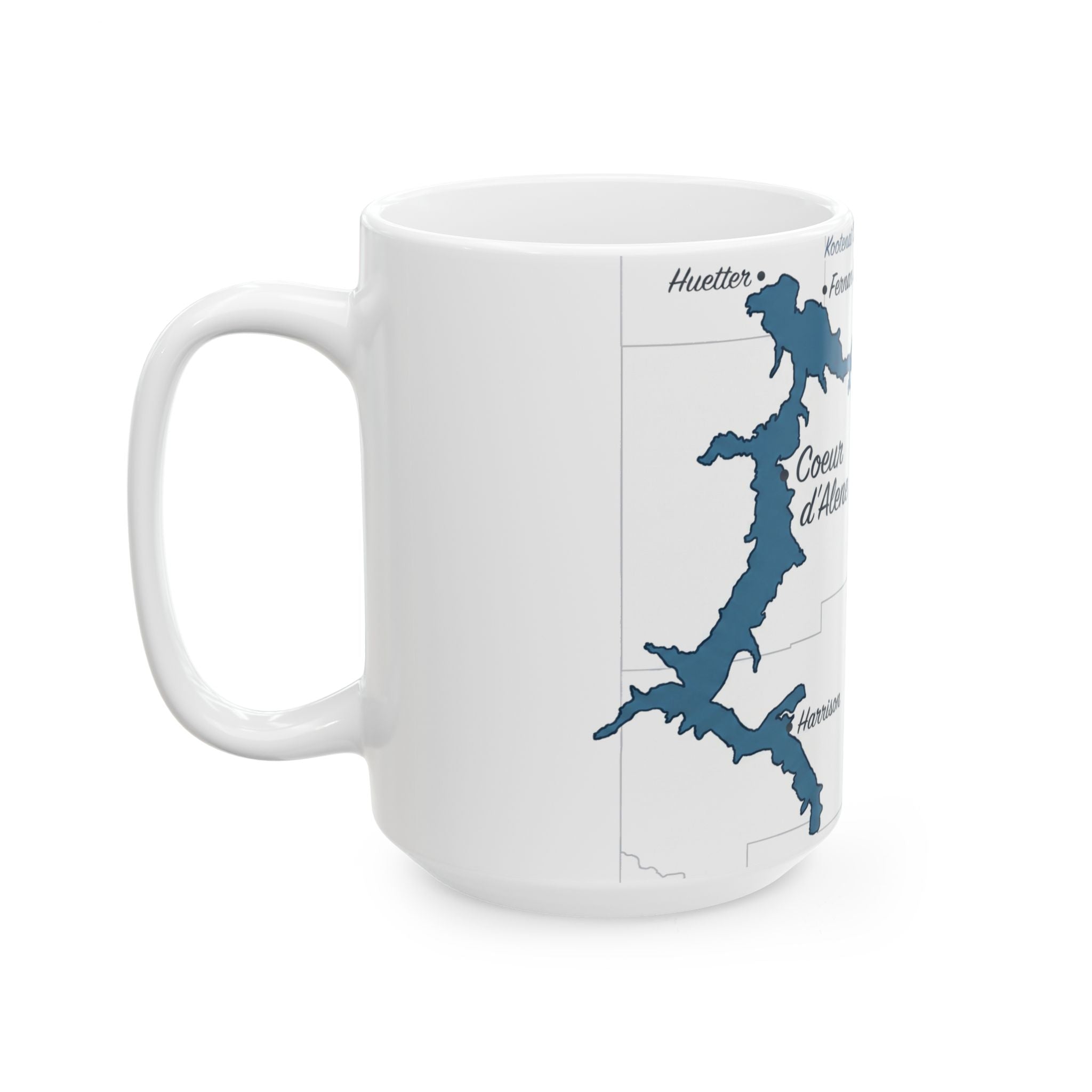 Lake Coeur d'Alene Map Silhouette Coffee Mug 15oz - Unique Lake Life Souvenir