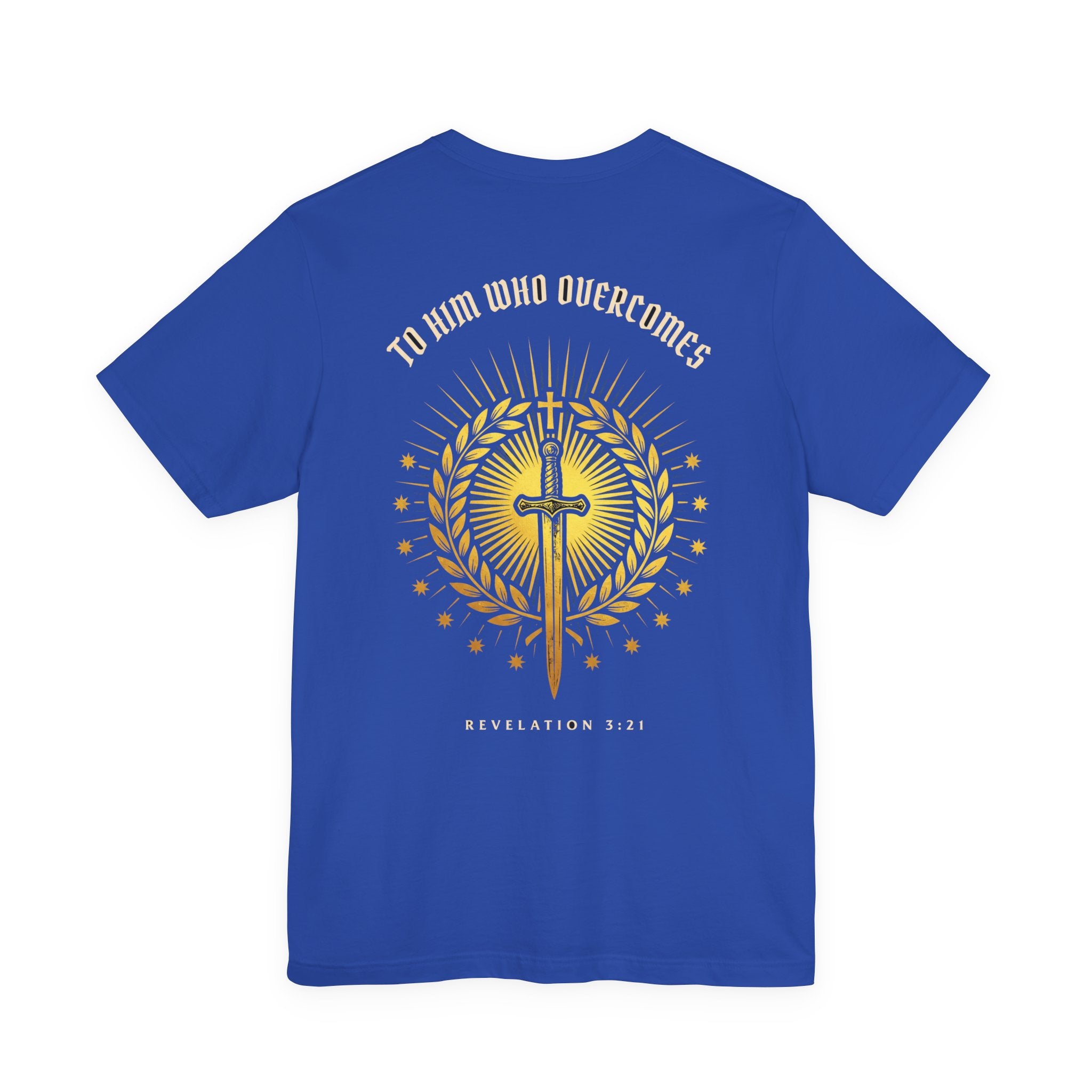 To Him Who Overcomes Christian Tee | Revelation 3:21 Faith Warrior Bible Shirt