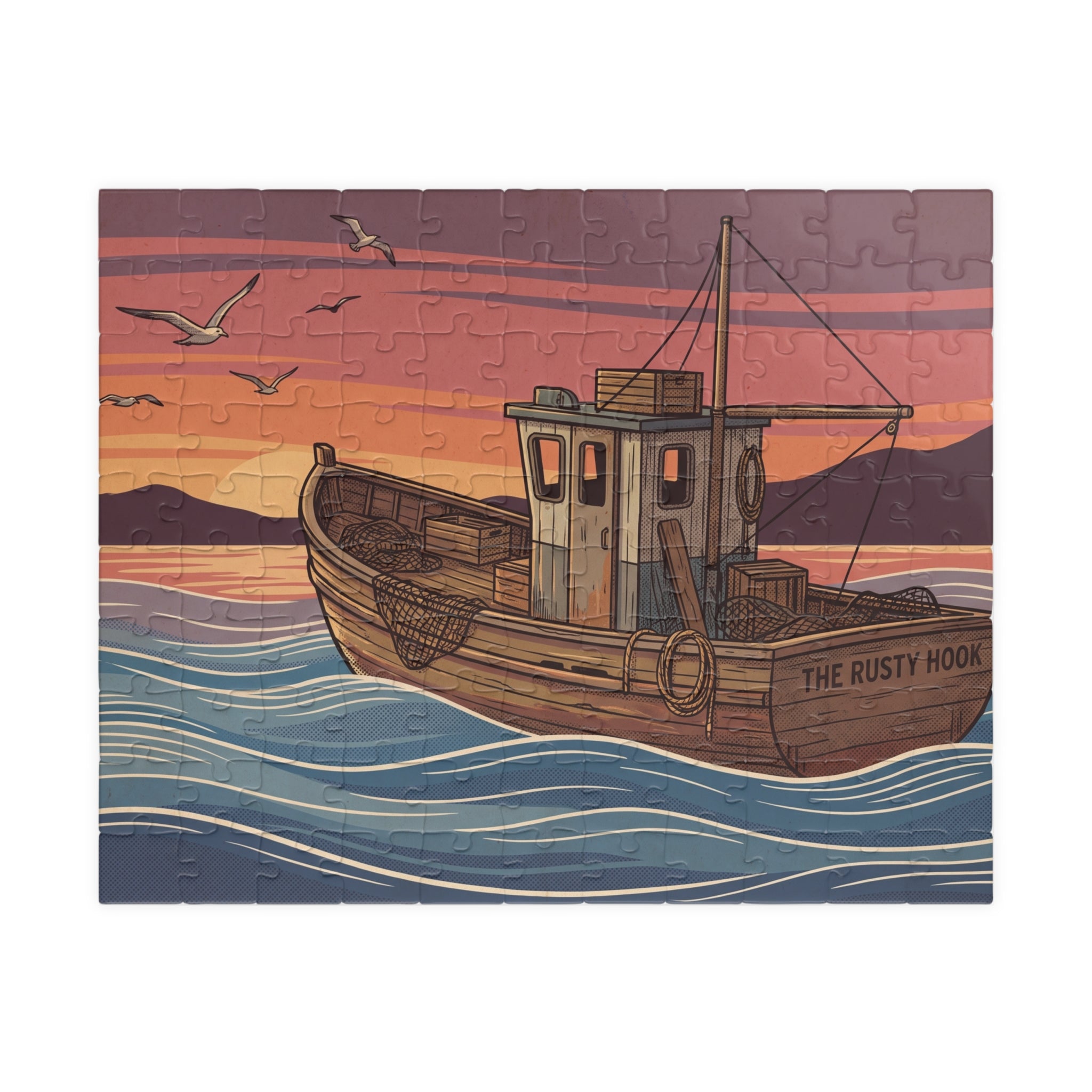 Fishing Boat Jigsaw Puzzle - Retro Sunset Scene, 'Casting Memories'