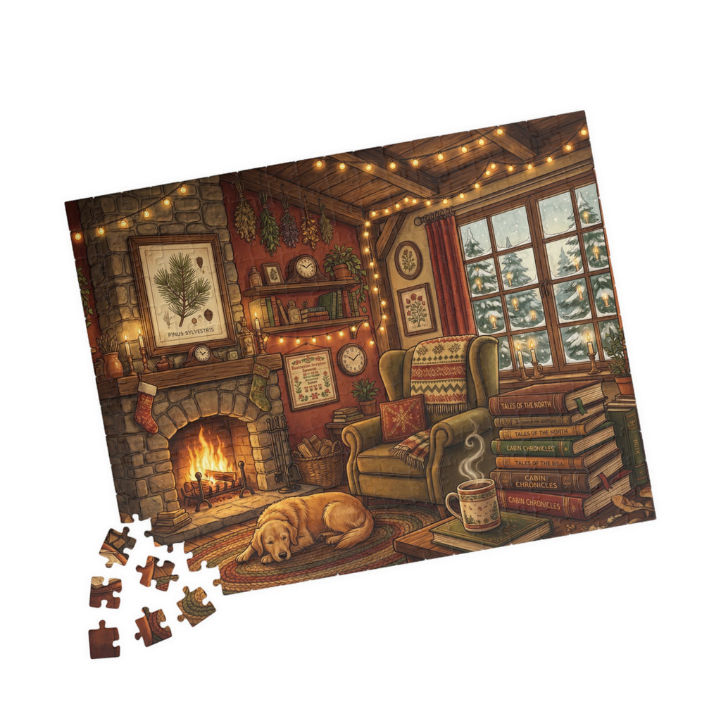 Cozy Cabin Reading Nook Jigsaw Puzzle | Winter Fireplace Book Lover Art | 110-1014 Piece