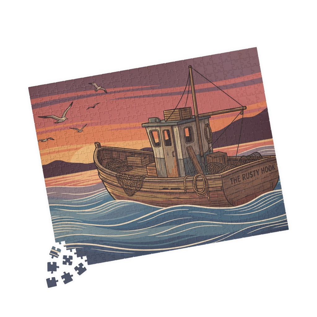 Fishing Boat Jigsaw Puzzle - Retro Sunset Scene, 'Casting Memories'