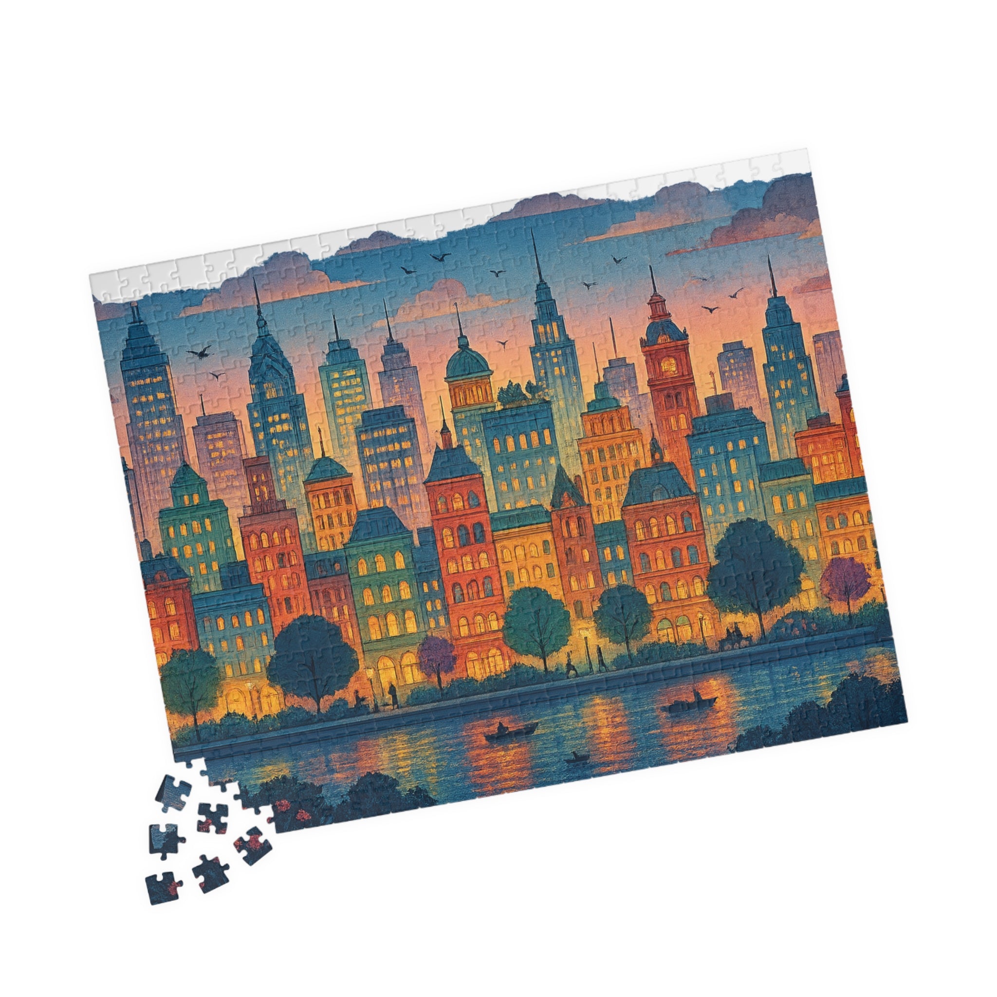 City Skyline Jigsaw Puzzle at Dusk, Urban Art Puzzle for Adults