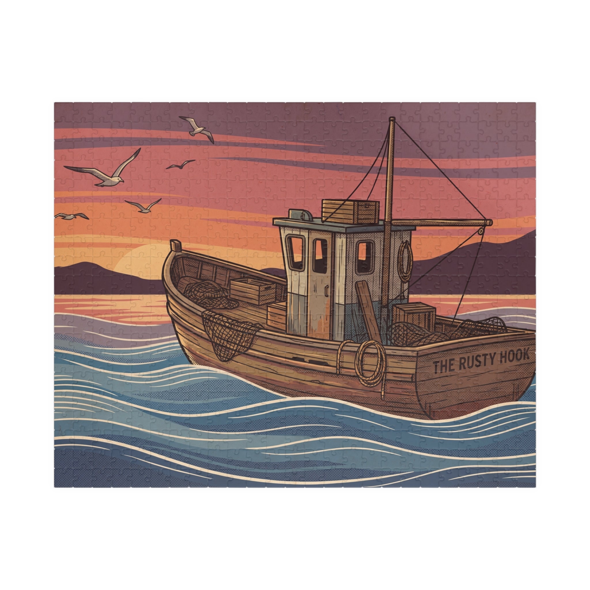 Fishing Boat Jigsaw Puzzle - Retro Sunset Scene, 'Casting Memories'