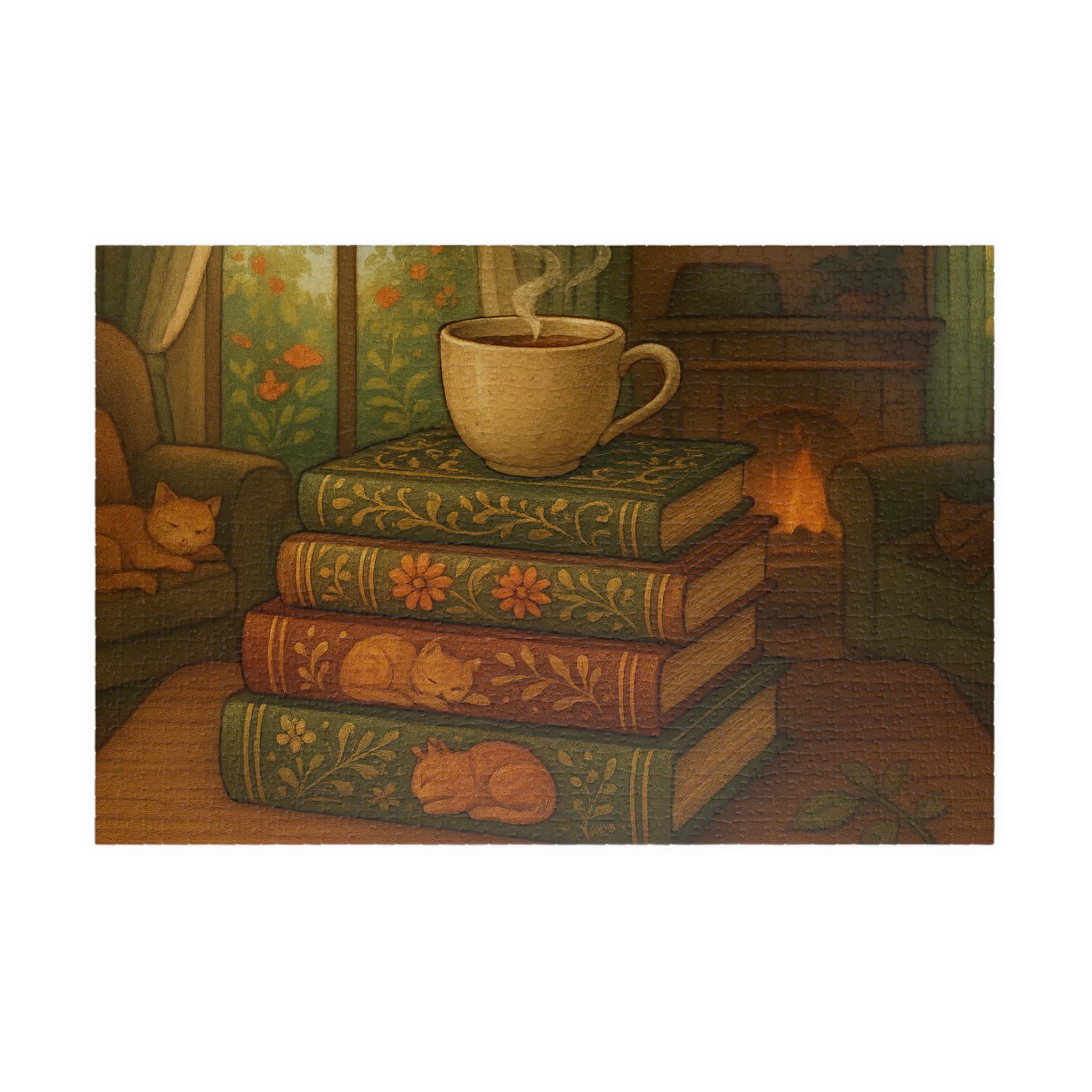 Cozy Stacked Books Jigsaw Puzzle - Elegant Library Scene