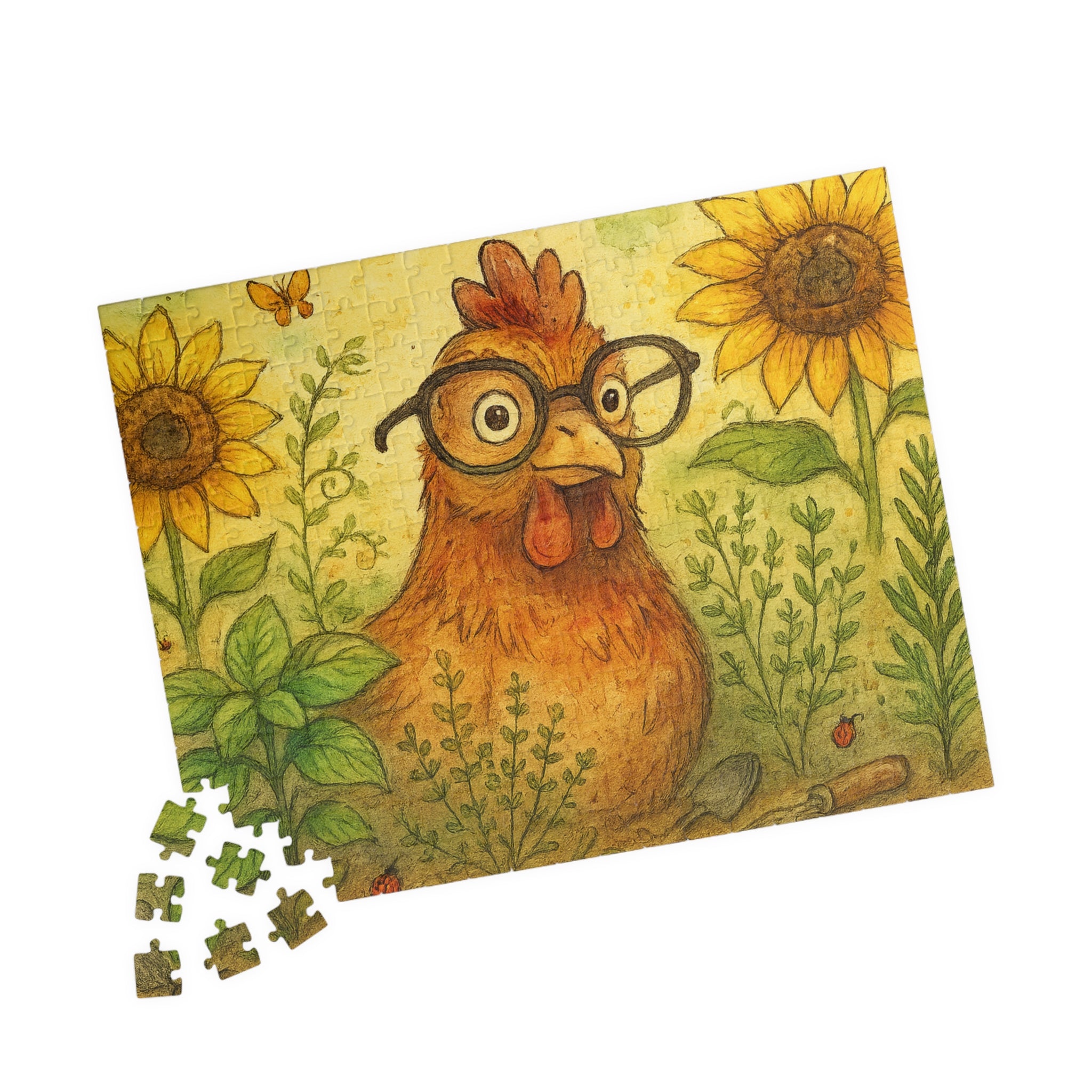 Retro Chicken Jigsaw Puzzle - Vintage Gardener Design with Sunflowers