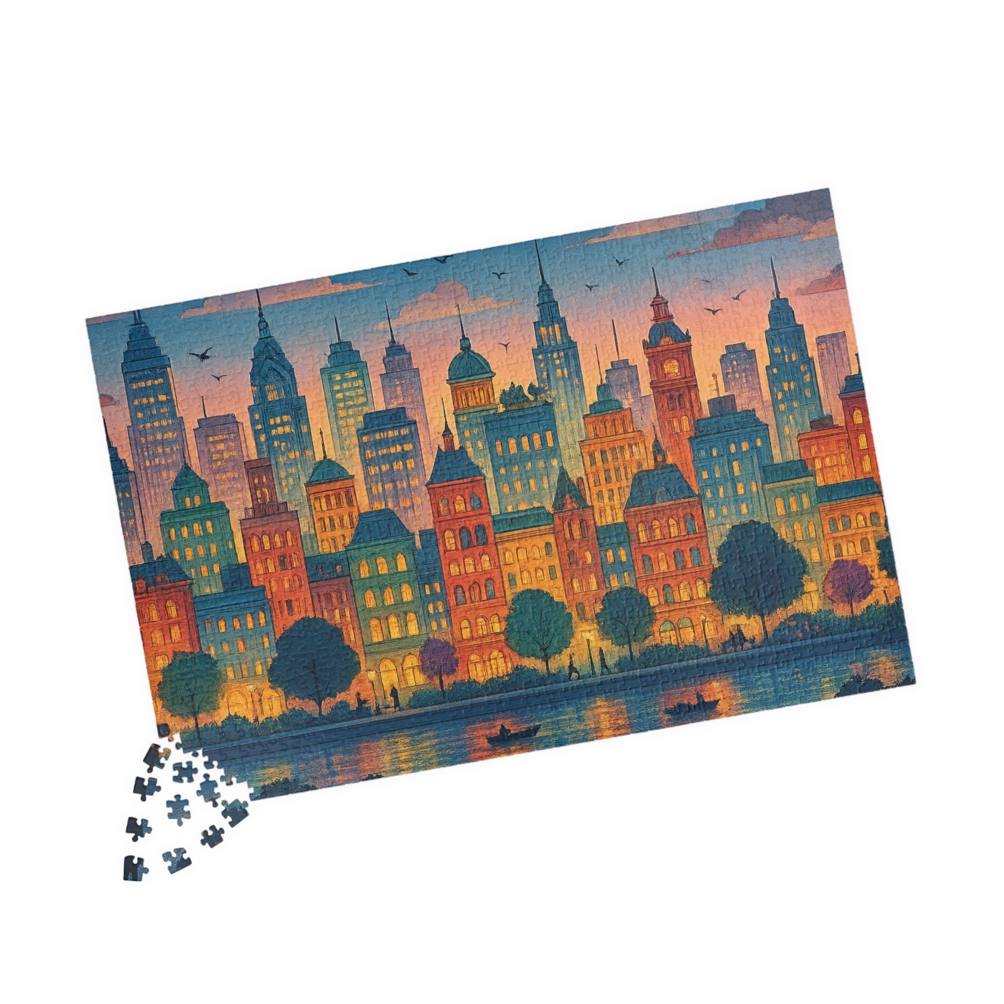 City Skyline Jigsaw Puzzle at Dusk, Urban Art Puzzle for Adults