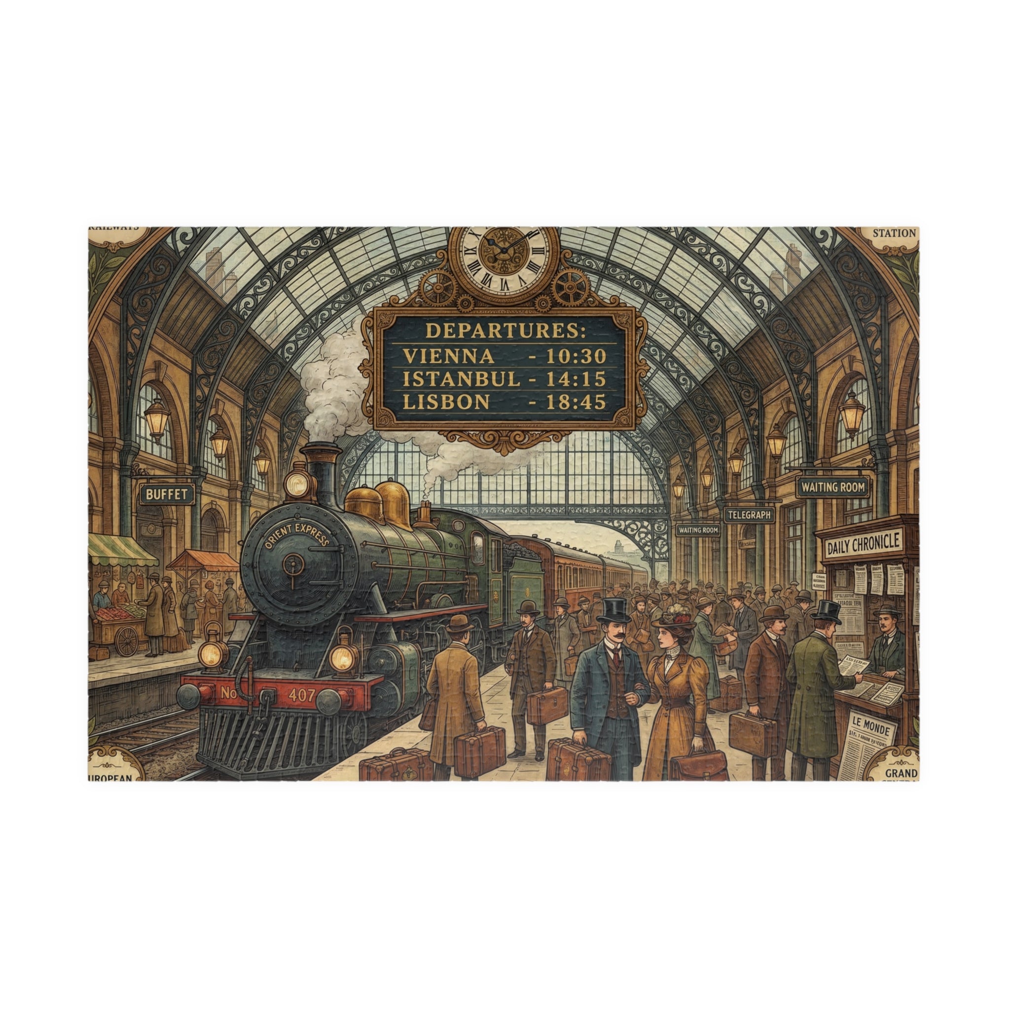 Vintage European Train Station Jigsaw Puzzle | Steam Engine Travel Art | 110-1014 Piece