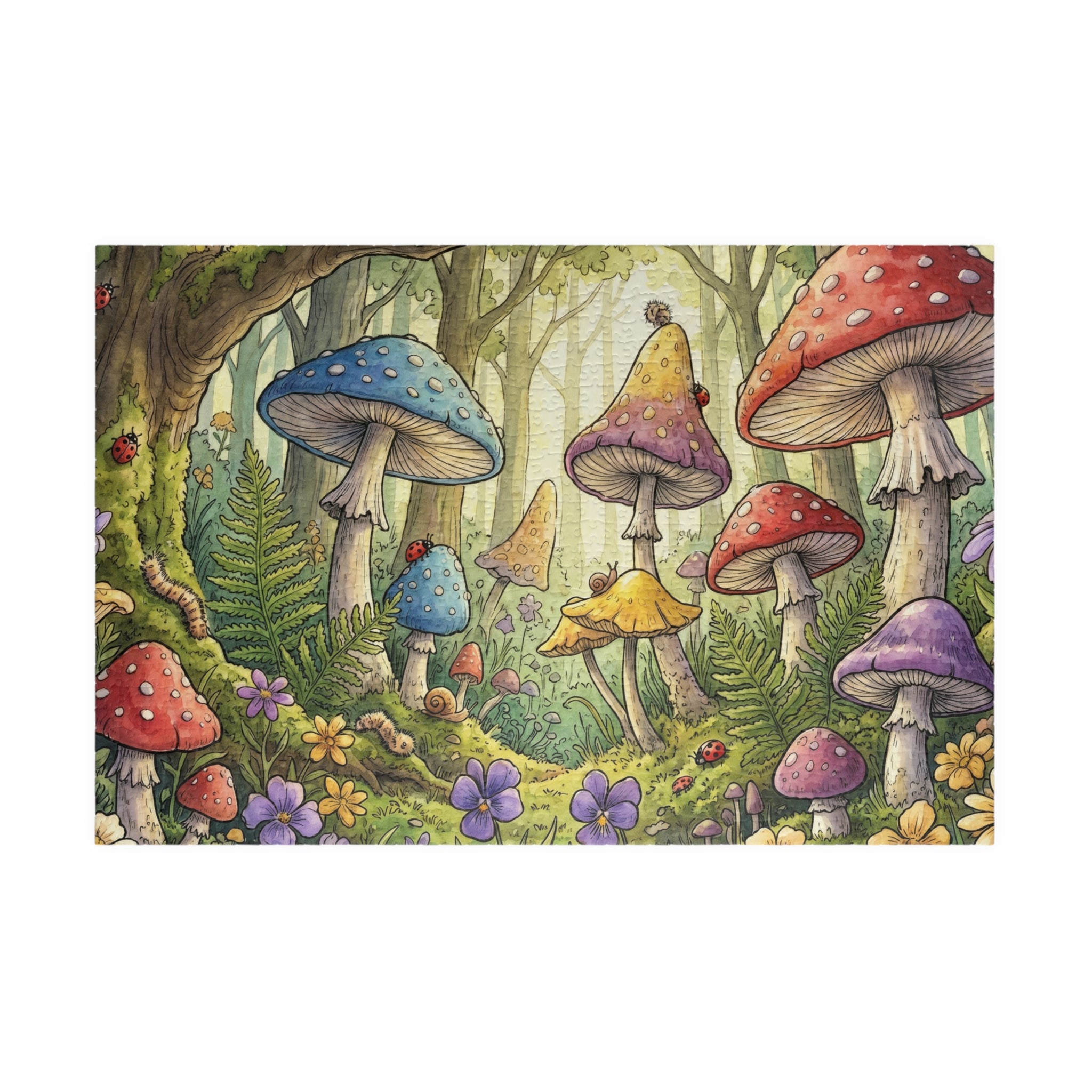 Whimsical Forest Scene Jigsaw Puzzle with Mushrooms and Ferns | 1014 Piece
