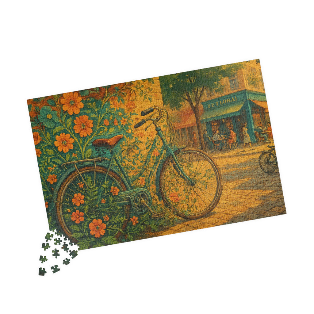 Floral Bicycle Jigsaw Puzzle, Urban Cycling Scene, Retro Design