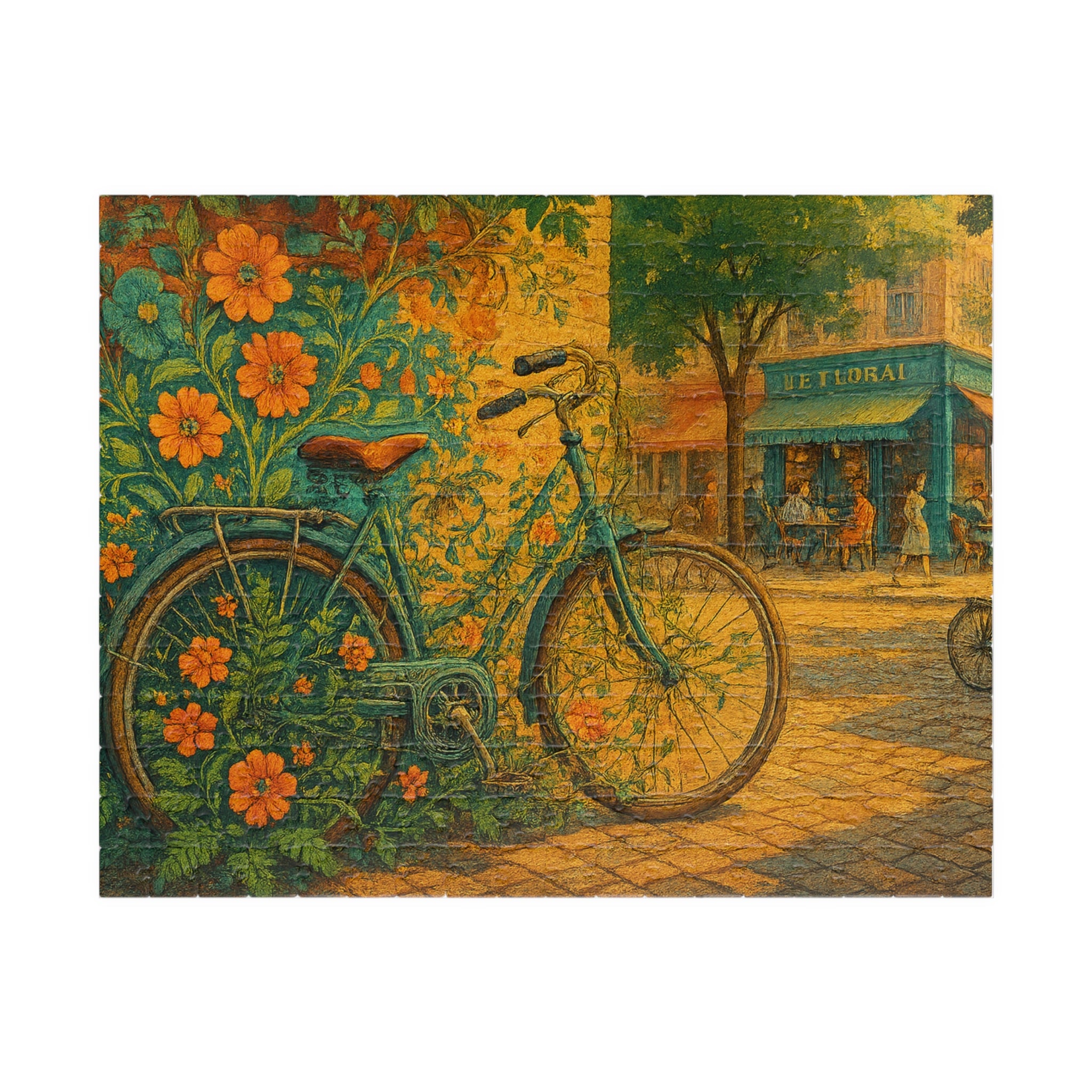 Floral Bicycle Jigsaw Puzzle, Urban Cycling Scene, Retro Design