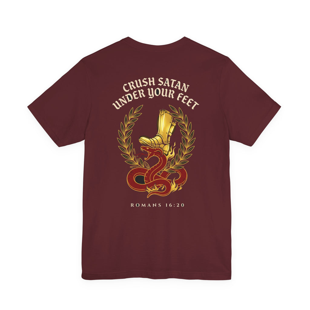 The God of Peace Will Crush Satan Under Your Feet Christian Tee | Warrior Faith Bible