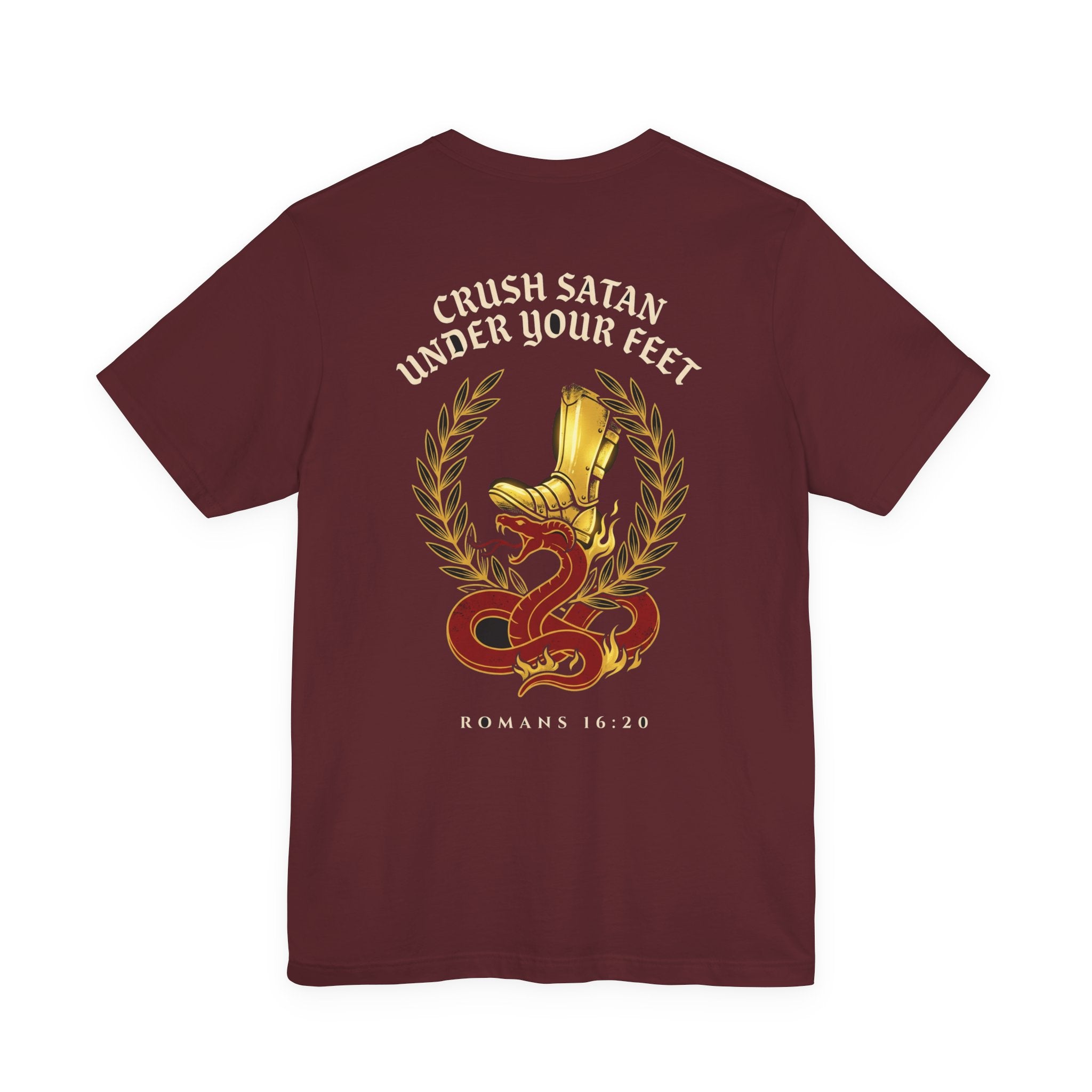 The God of Peace Will Crush Satan Under Your Feet Christian Tee | Warrior Faith Bible
