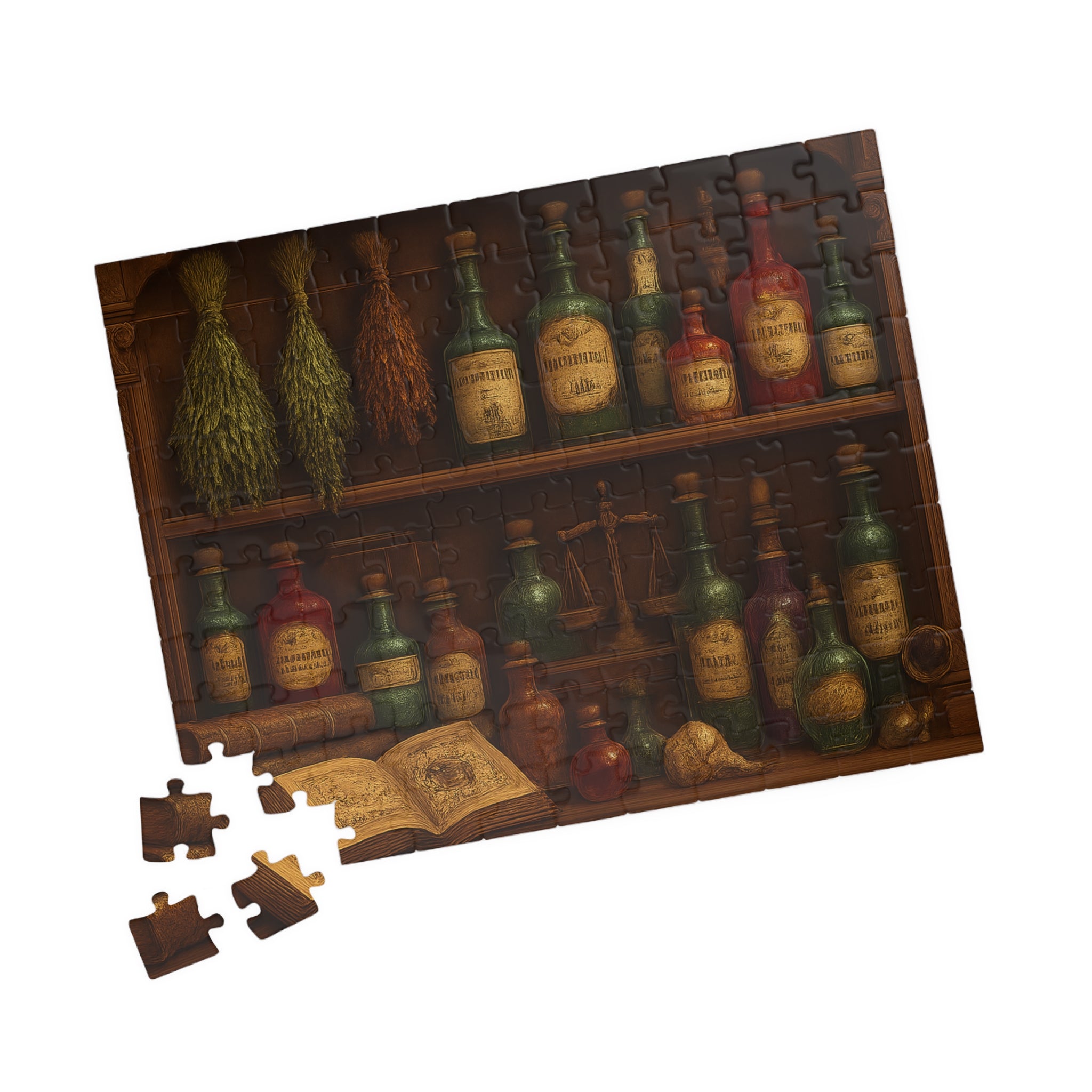 Alchemy of Curiosities Jigsaw Puzzle - Vintage Apothecary Shelf Design