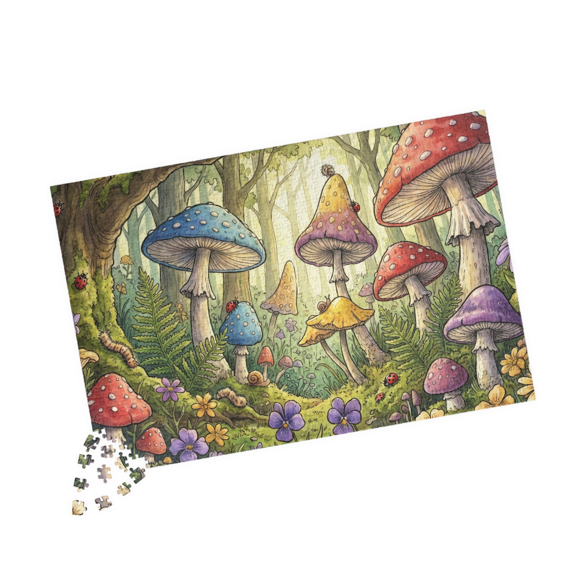 Whimsical Forest Scene Jigsaw Puzzle with Mushrooms and Ferns | 1014 Piece