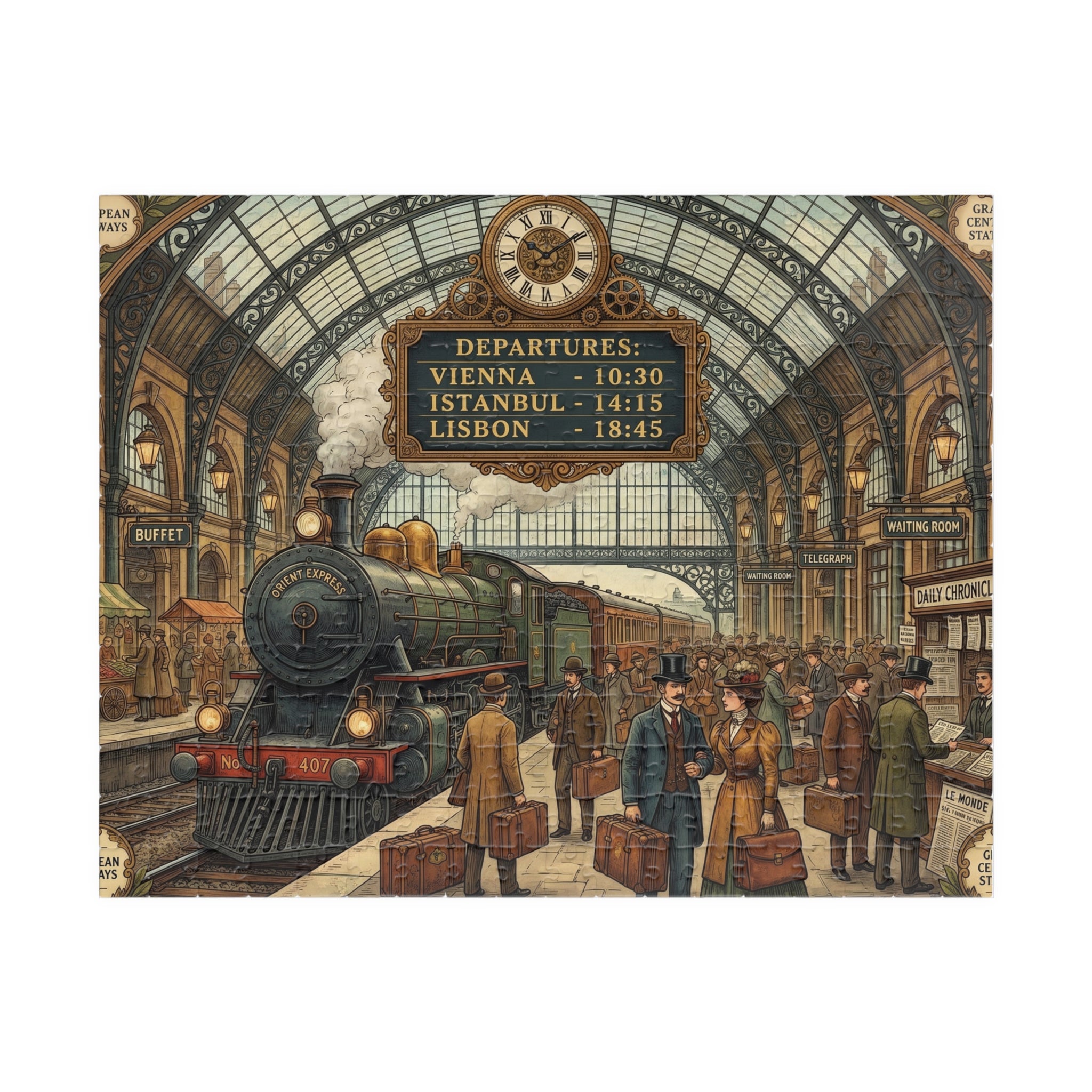 Vintage European Train Station Jigsaw Puzzle | Steam Engine Travel Art | 110-1014 Piece