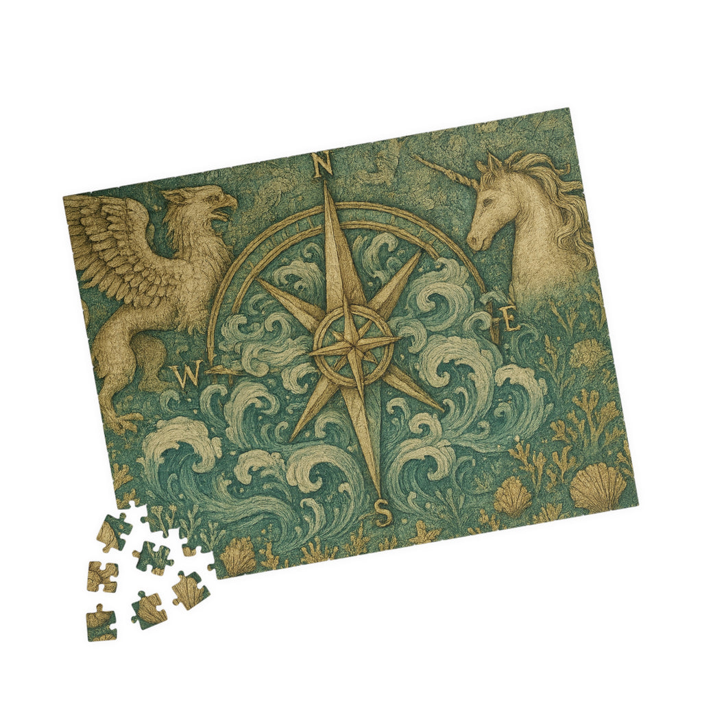 Old-World Compass Jigsaw Puzzle with Mythical Creatures