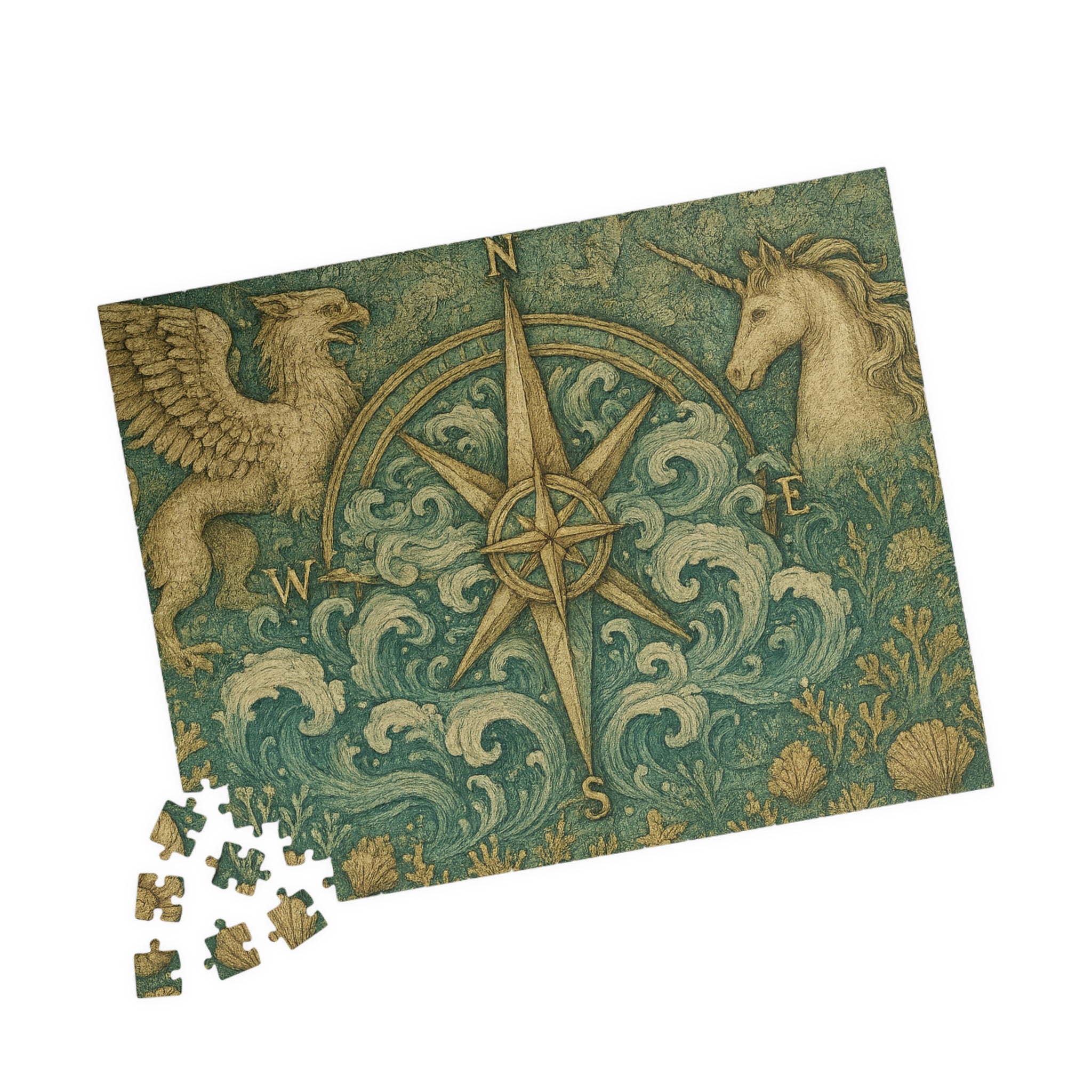 Old-World Compass Jigsaw Puzzle with Mythical Creatures