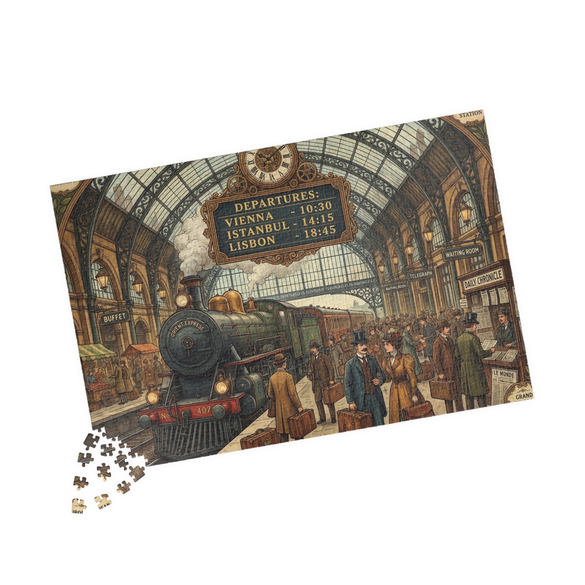 Vintage European Train Station Jigsaw Puzzle | Steam Engine Travel Art | 110-1014 Piece