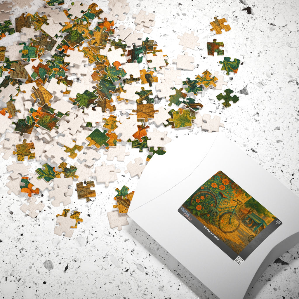 Floral Bicycle Jigsaw Puzzle, Urban Cycling Scene, Retro Design