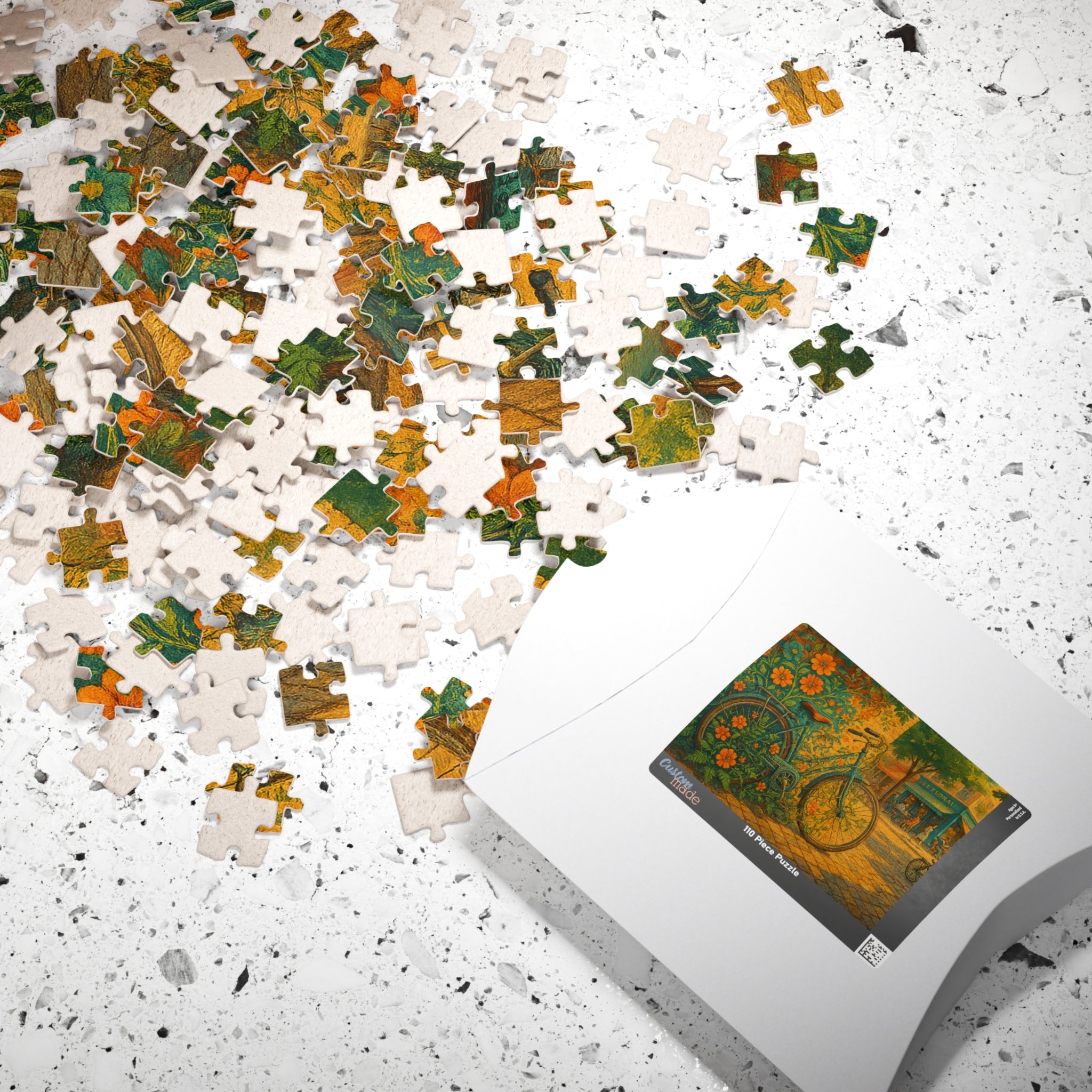 Floral Bicycle Jigsaw Puzzle, Urban Cycling Scene, Retro Design