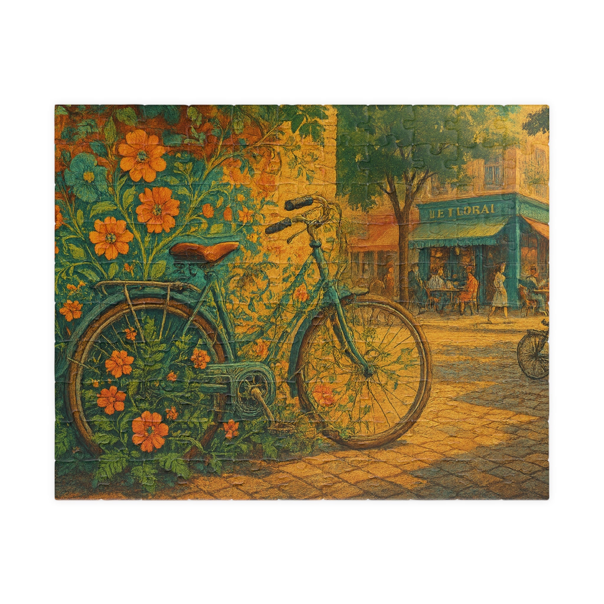 Floral Bicycle Jigsaw Puzzle, Urban Cycling Scene, Retro Design