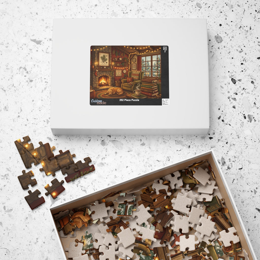Cozy Cabin Reading Nook Jigsaw Puzzle | Winter Fireplace Book Lover Art | 110-1014 Piece